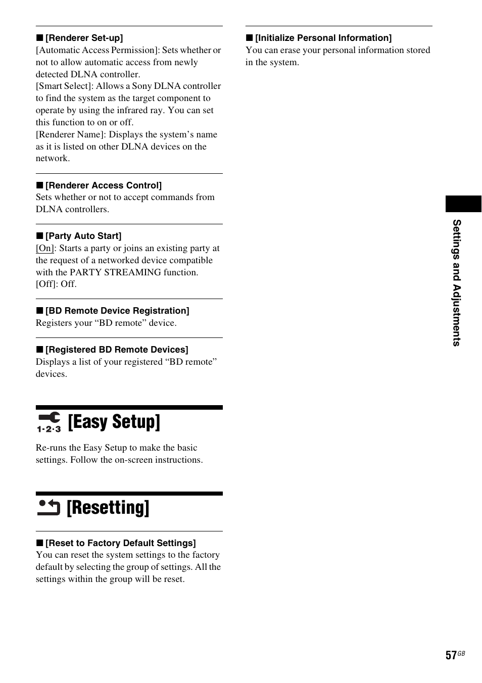 Easy setup, Resetting, Easy setup] [resetting | Sony F500 User Manual | Page 57 / 76