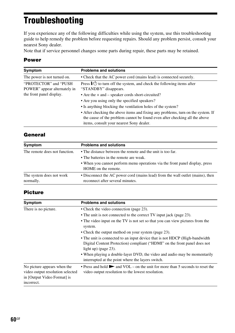 Troubleshooting | Sony F500 User Manual | Page 60 / 76