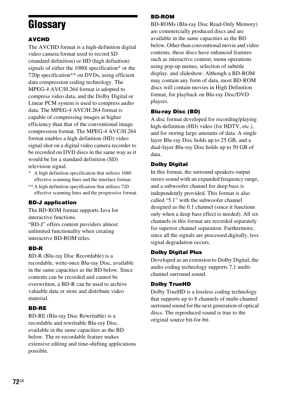 Glossary | Sony F500 User Manual | Page 72 / 76