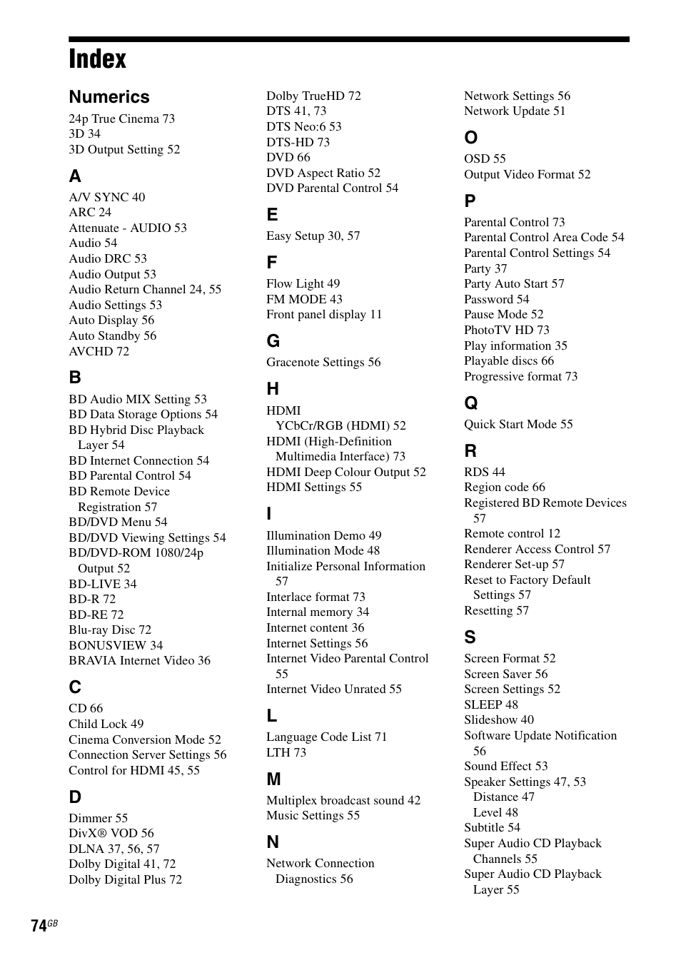 Index, Additional information, Numerics | Sony F500 User Manual | Page 74 / 76