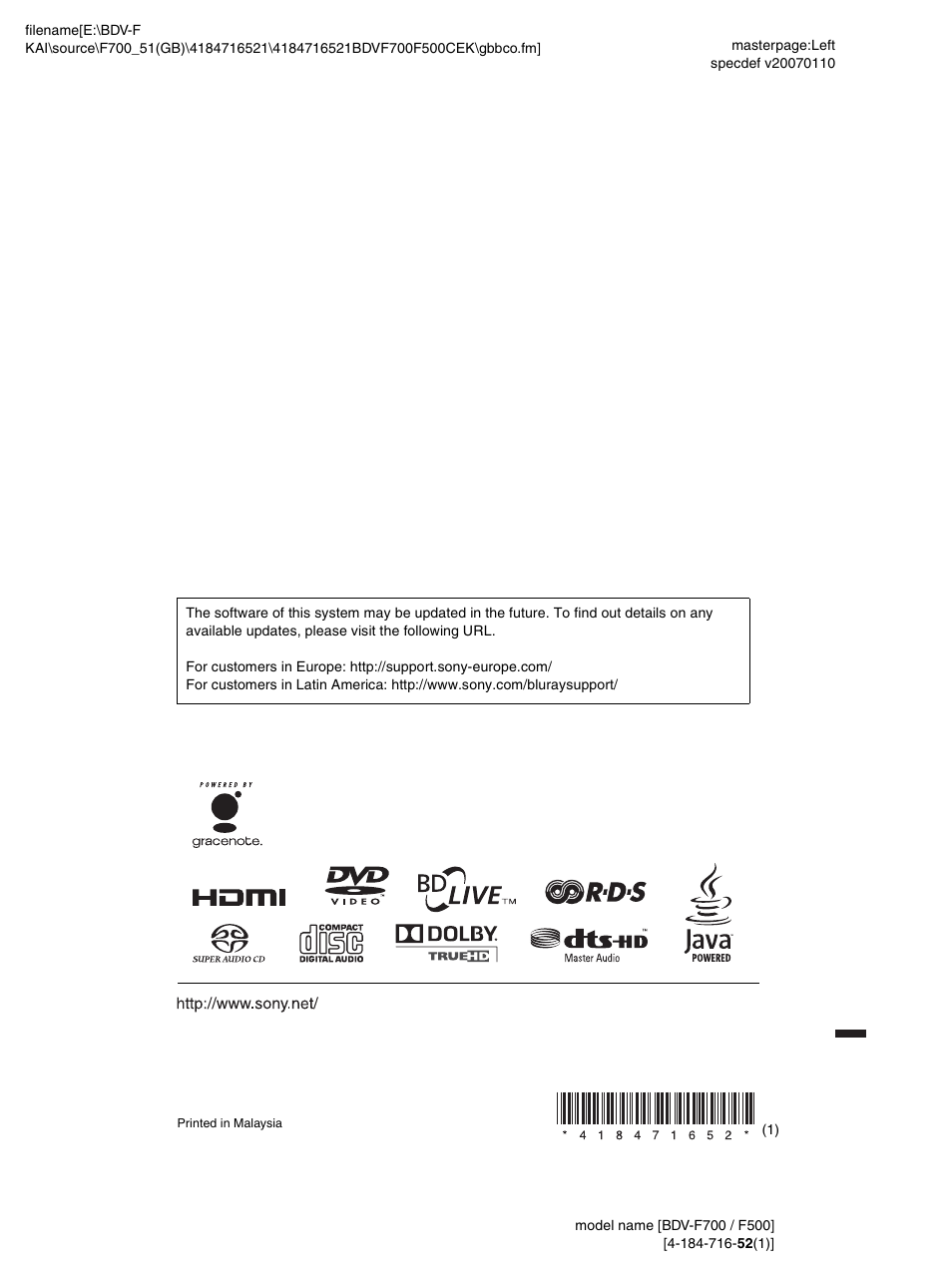 Sony F500 User Manual | Page 76 / 76