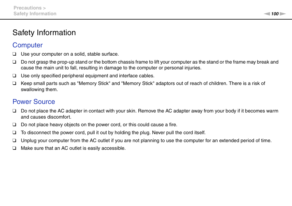 Safety information, Computer, Power source | Sony VAIO VPCJ2 User Manual | Page 100 / 157