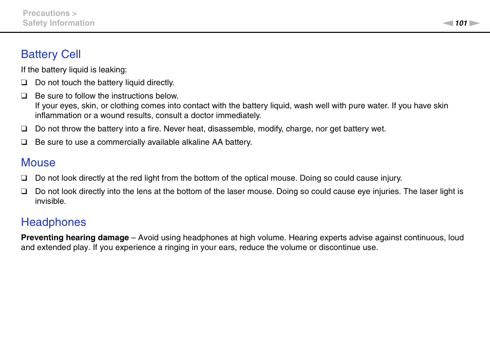 Battery cell, Mouse, Headphones | Sony VAIO VPCJ2 User Manual | Page 101 / 157