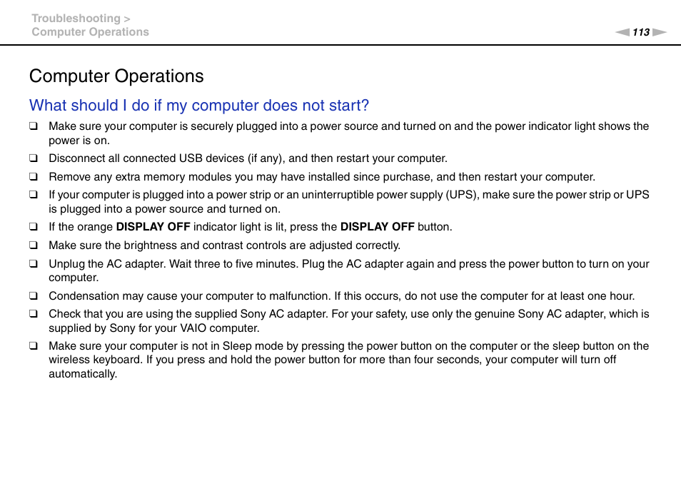 Computer operations, What should i do if my computer does not start | Sony VAIO VPCJ2 User Manual | Page 113 / 157