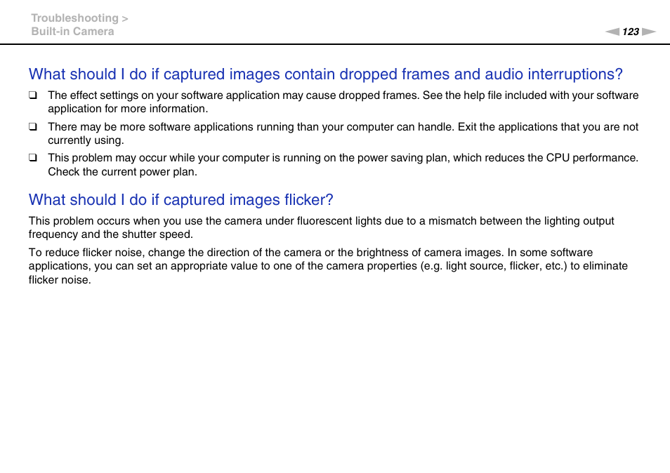 What should i do if captured images flicker | Sony VAIO VPCJ2 User Manual | Page 123 / 157