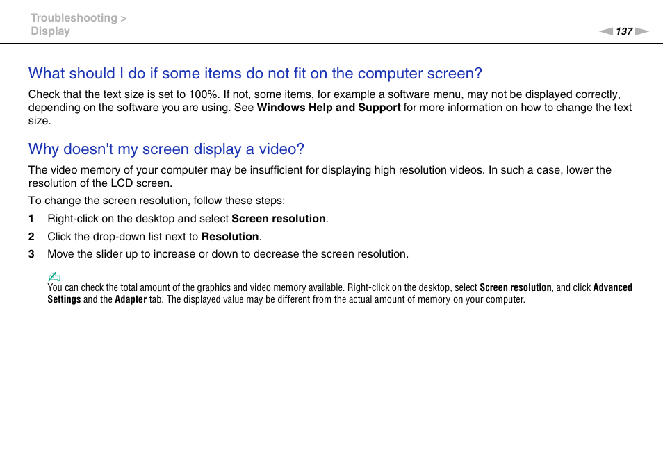 Why doesn't my screen display a video | Sony VAIO VPCJ2 User Manual | Page 137 / 157