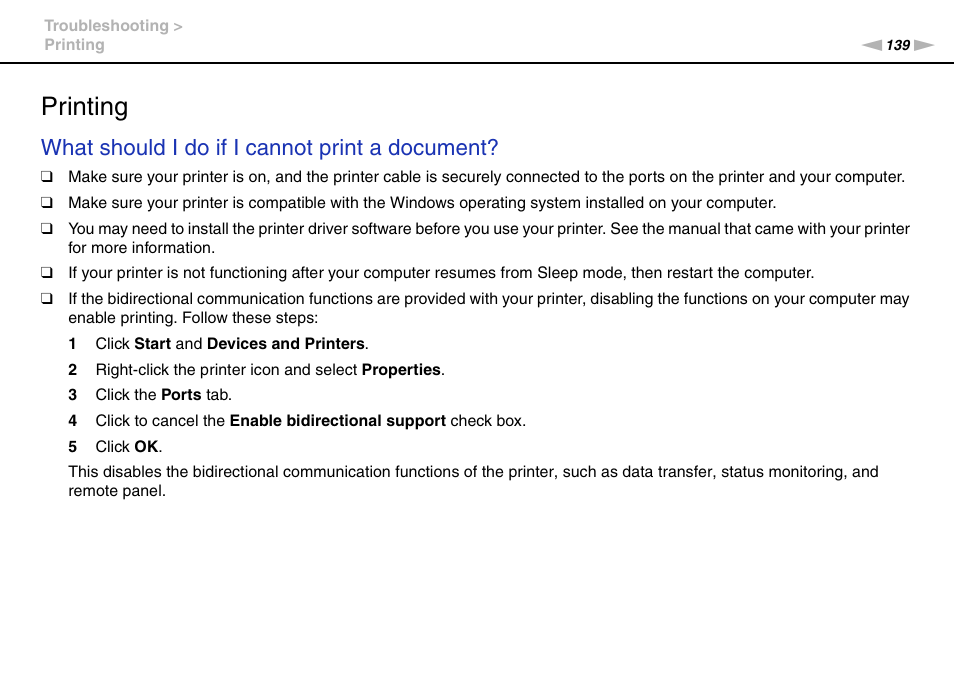 Printing, Inting, What should i do if i cannot print a document | Sony VAIO VPCJ2 User Manual | Page 139 / 157