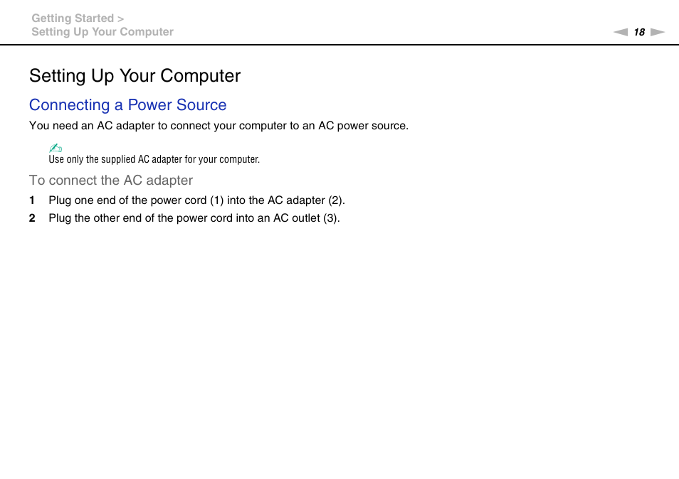 Setting up your computer, Connecting a power source | Sony VAIO VPCJ2 User Manual | Page 18 / 157