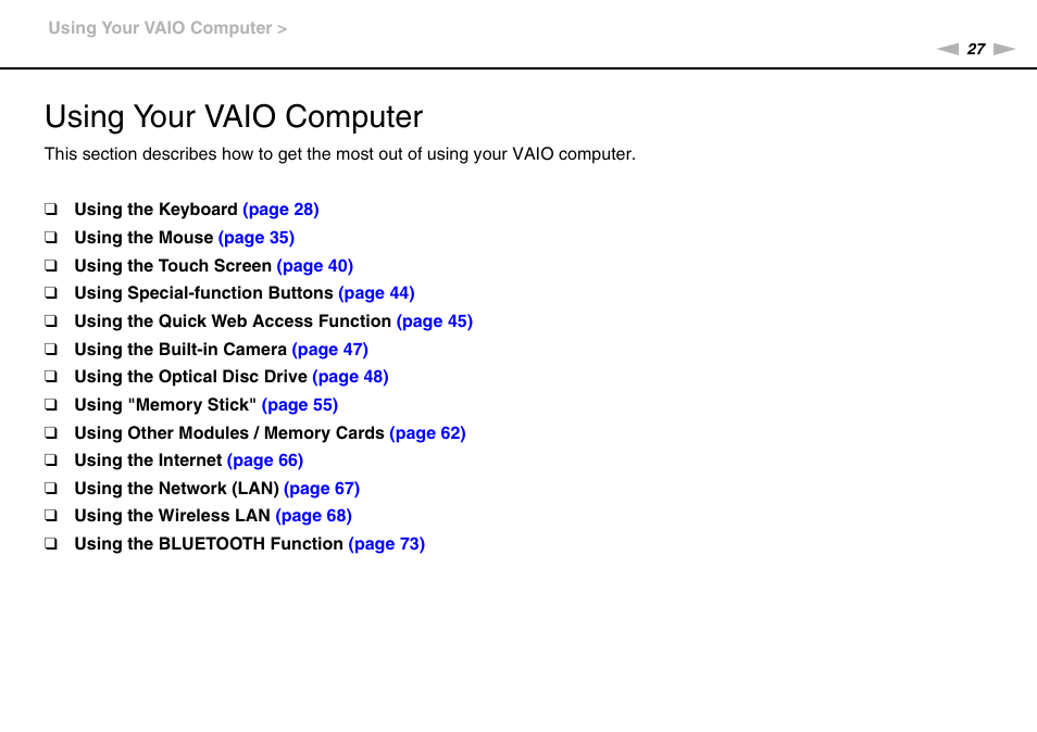 Using your vaio computer | Sony VAIO VPCJ2 User Manual | Page 27 / 157