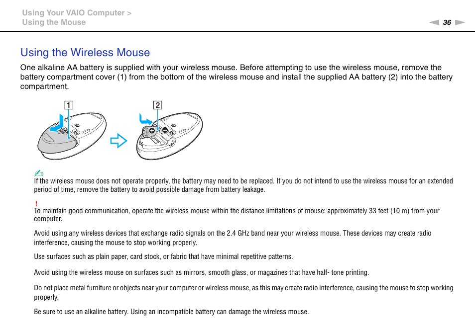 Using the wireless mouse | Sony VAIO VPCJ2 User Manual | Page 36 / 157