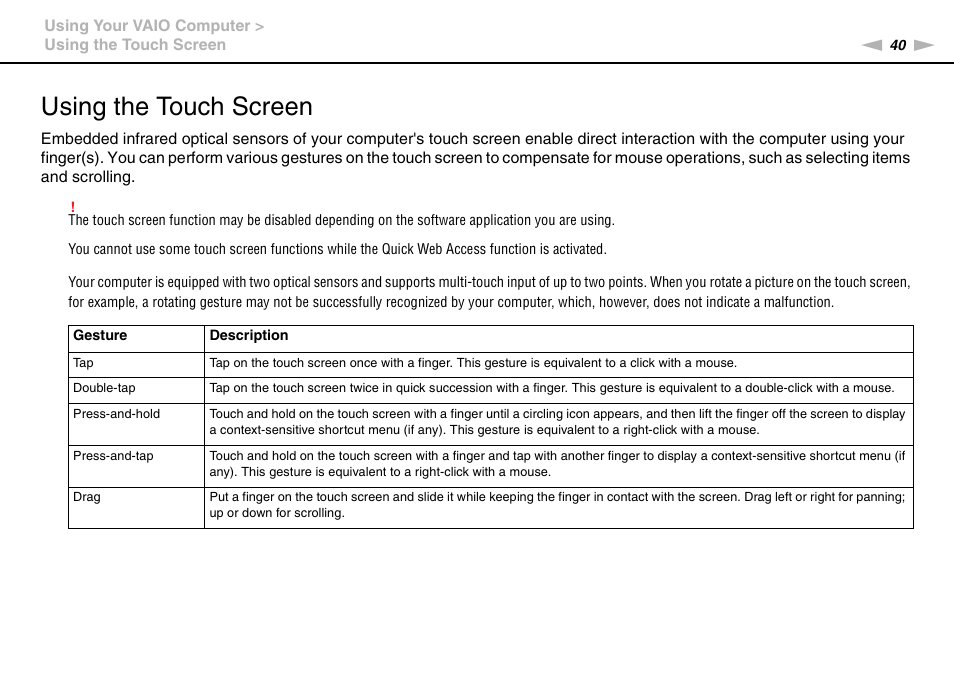Using the touch screen | Sony VAIO VPCJ2 User Manual | Page 40 / 157