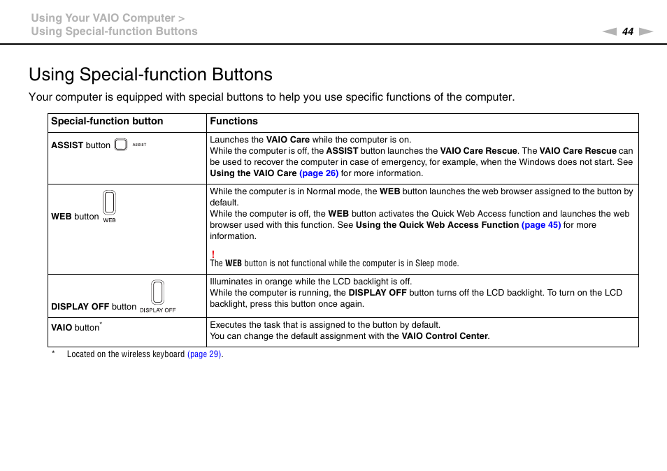Using special-function buttons | Sony VAIO VPCJ2 User Manual | Page 44 / 157