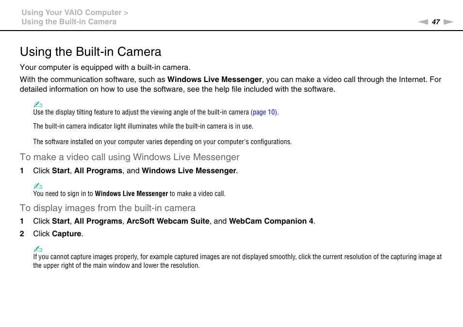 Using the built-in camera | Sony VAIO VPCJ2 User Manual | Page 47 / 157