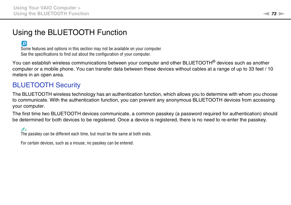 Using the bluetooth function, Bluetooth security | Sony VAIO VPCJ2 User Manual | Page 73 / 157