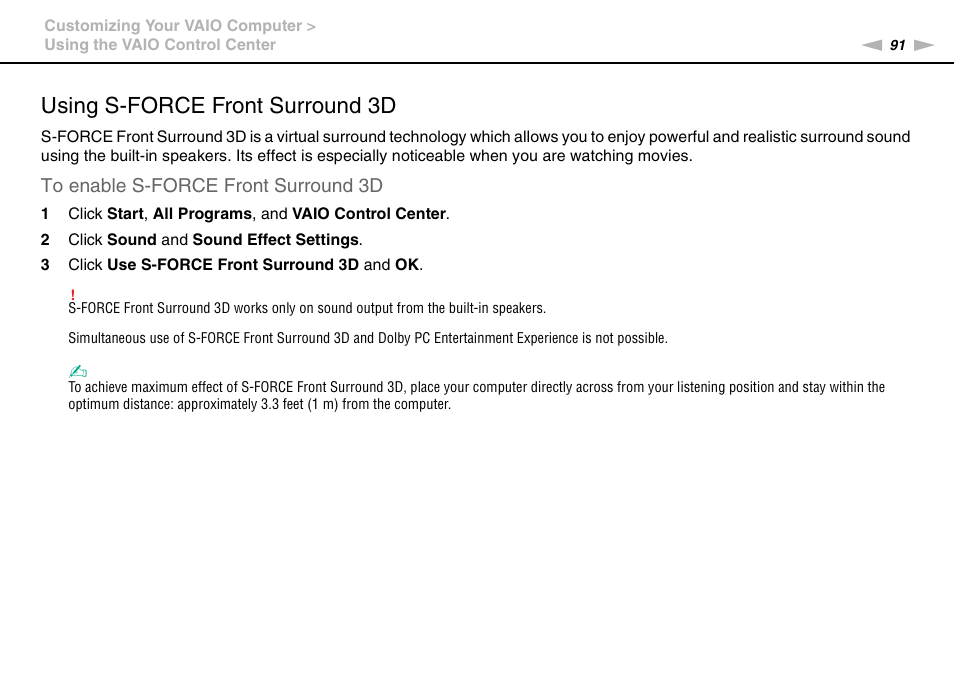 Using s-force front surround 3d | Sony VAIO VPCJ2 User Manual | Page 91 / 157