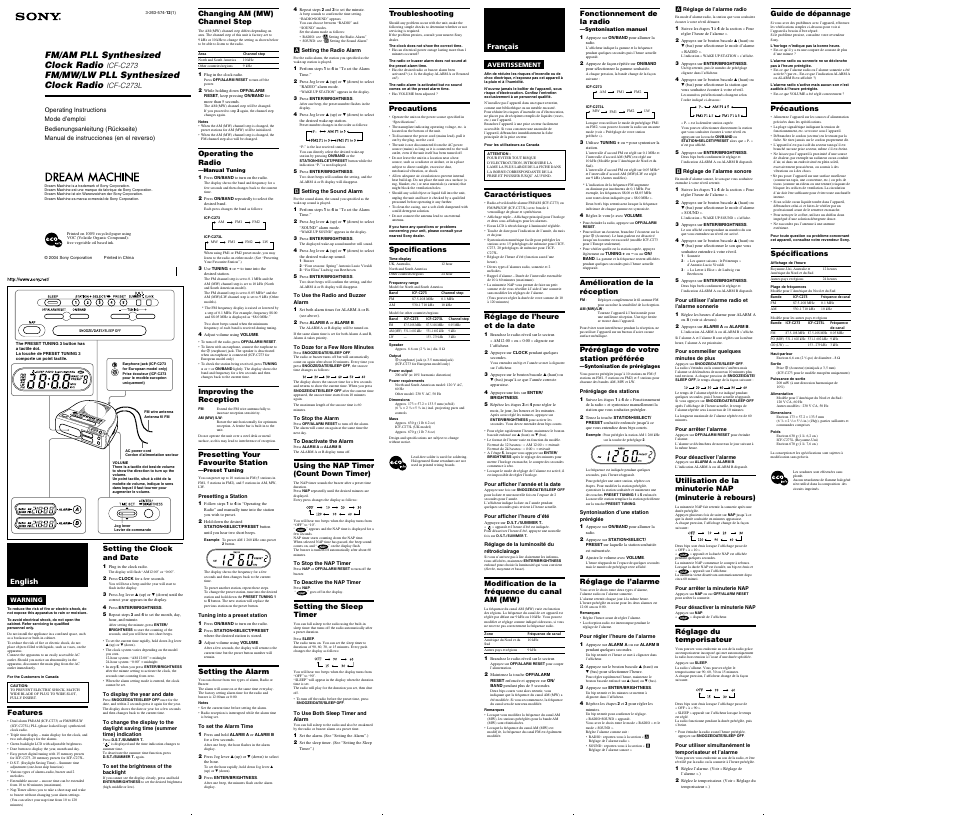 Sony Dream Machine ICF-C273L User Manual | 2 pages