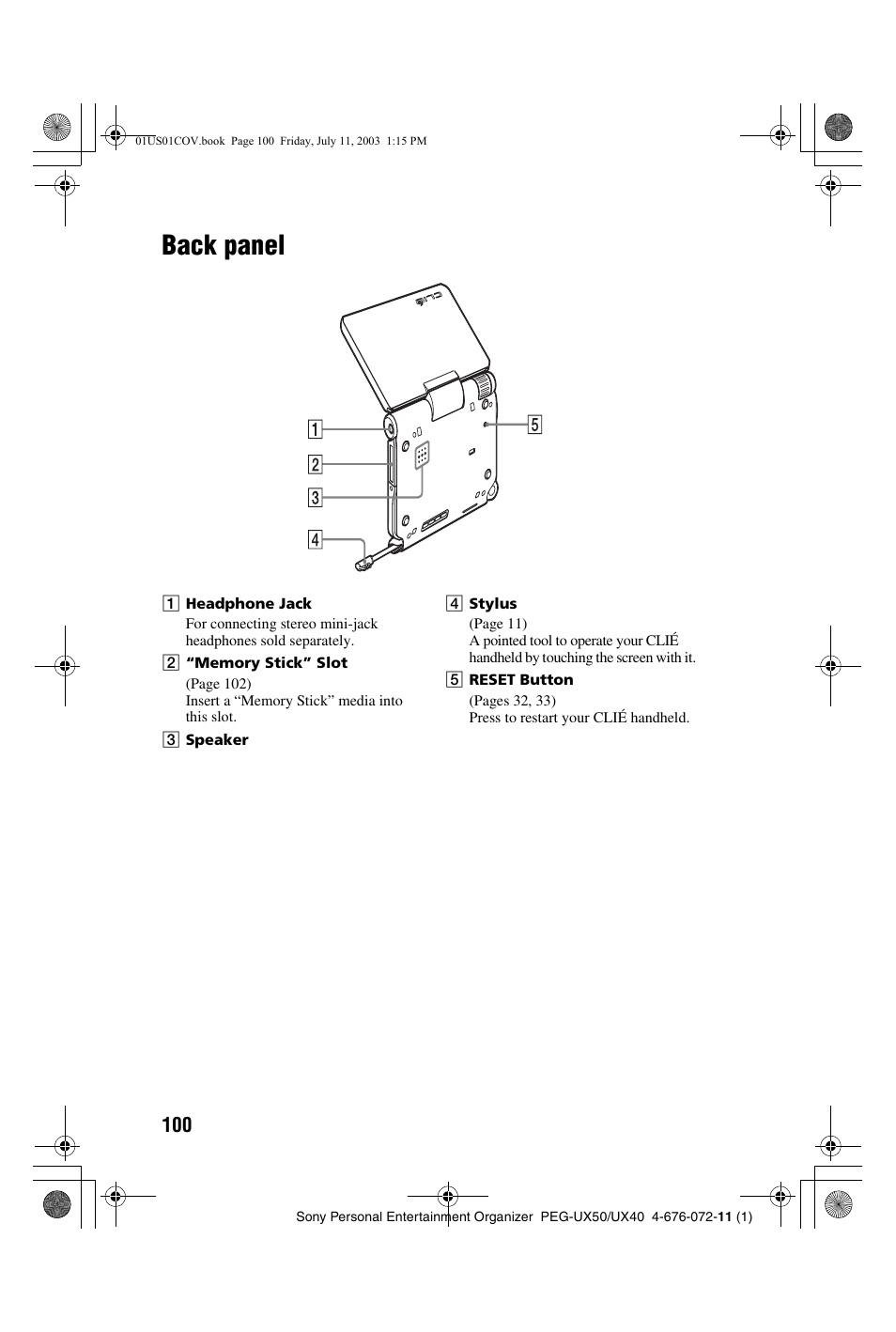 Back panel | Sony PEG-UX40 User Manual | Page 100 / 116