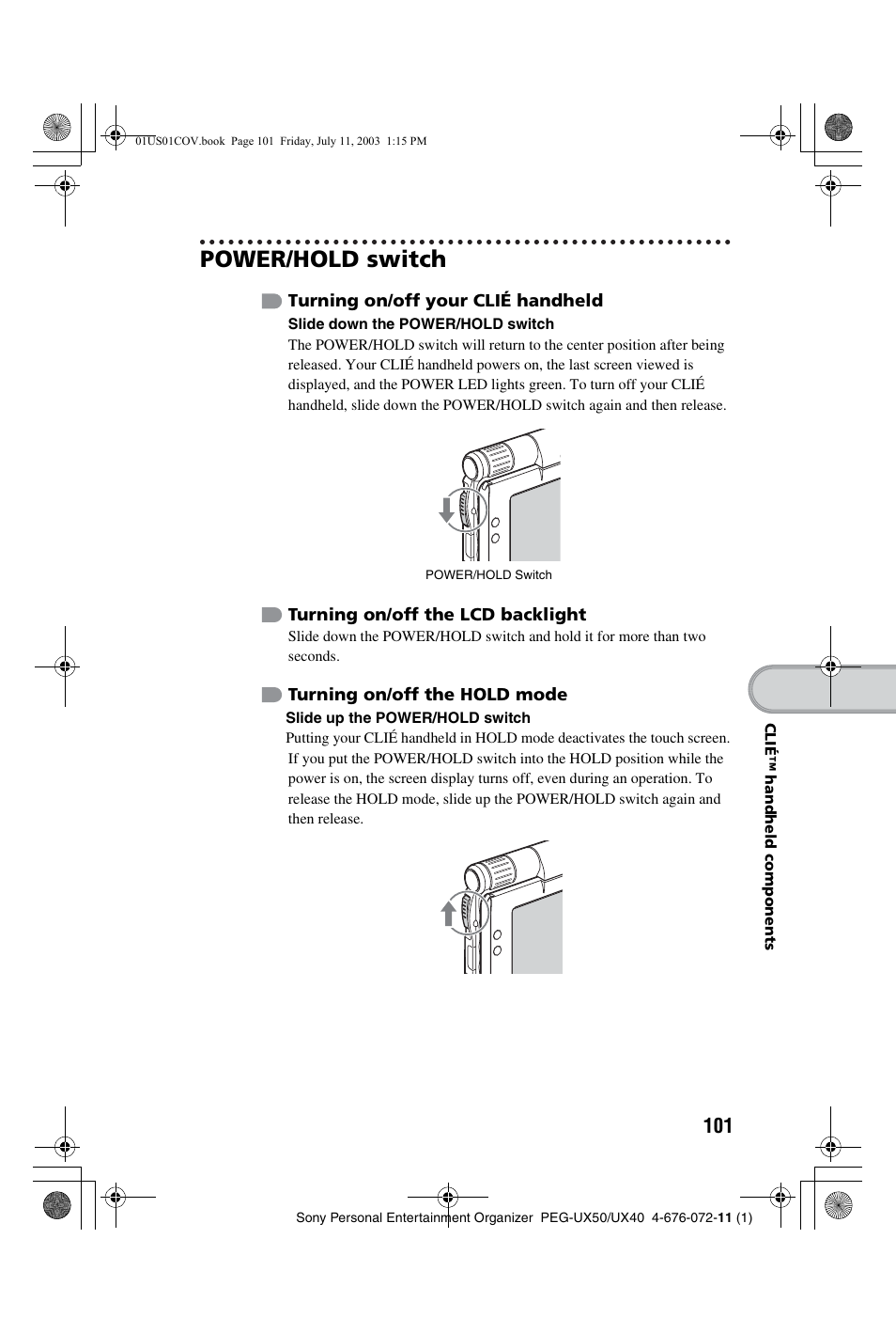 Power/hold switch | Sony PEG-UX40 User Manual | Page 101 / 116