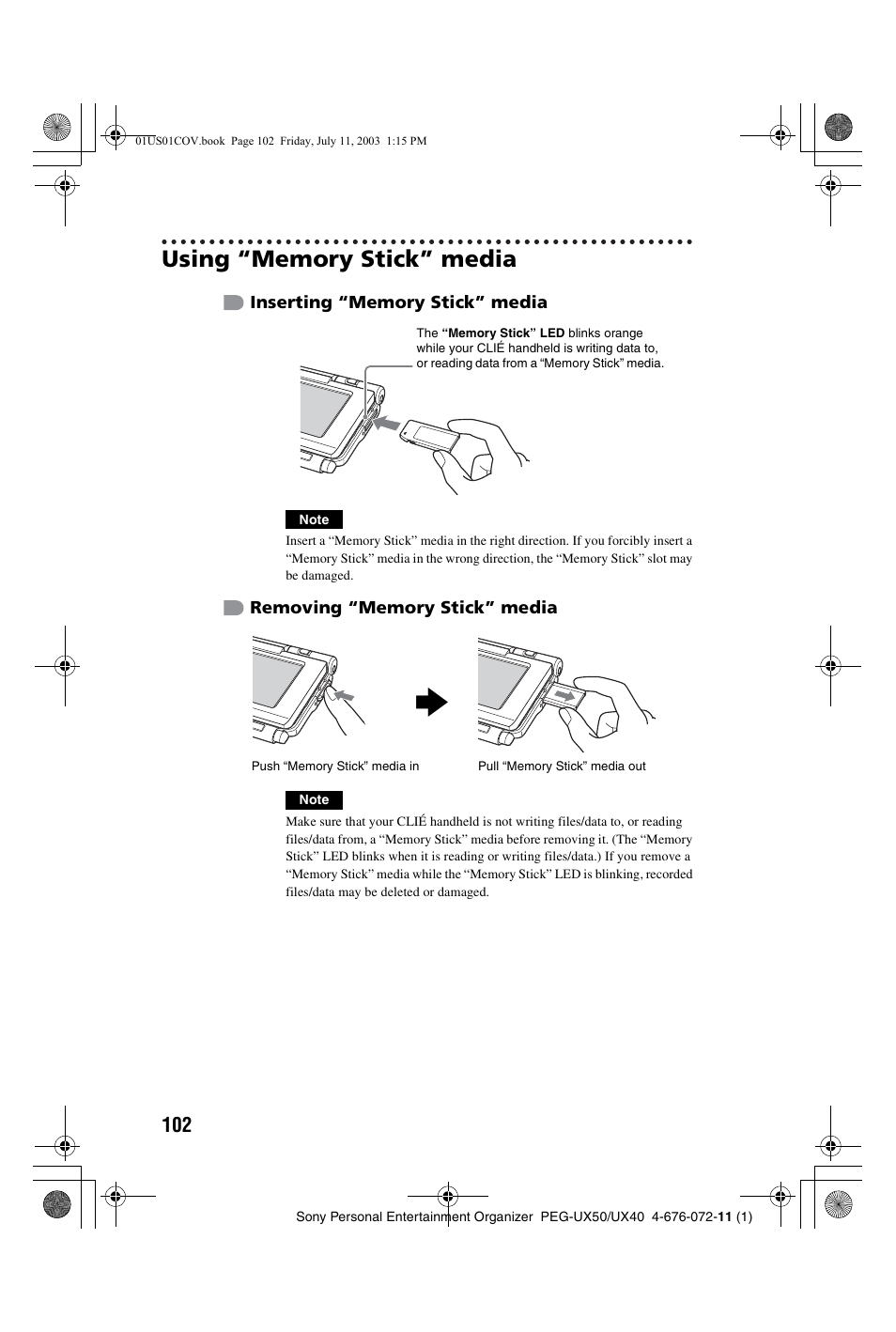 Using “memory stick” media | Sony PEG-UX40 User Manual | Page 102 / 116