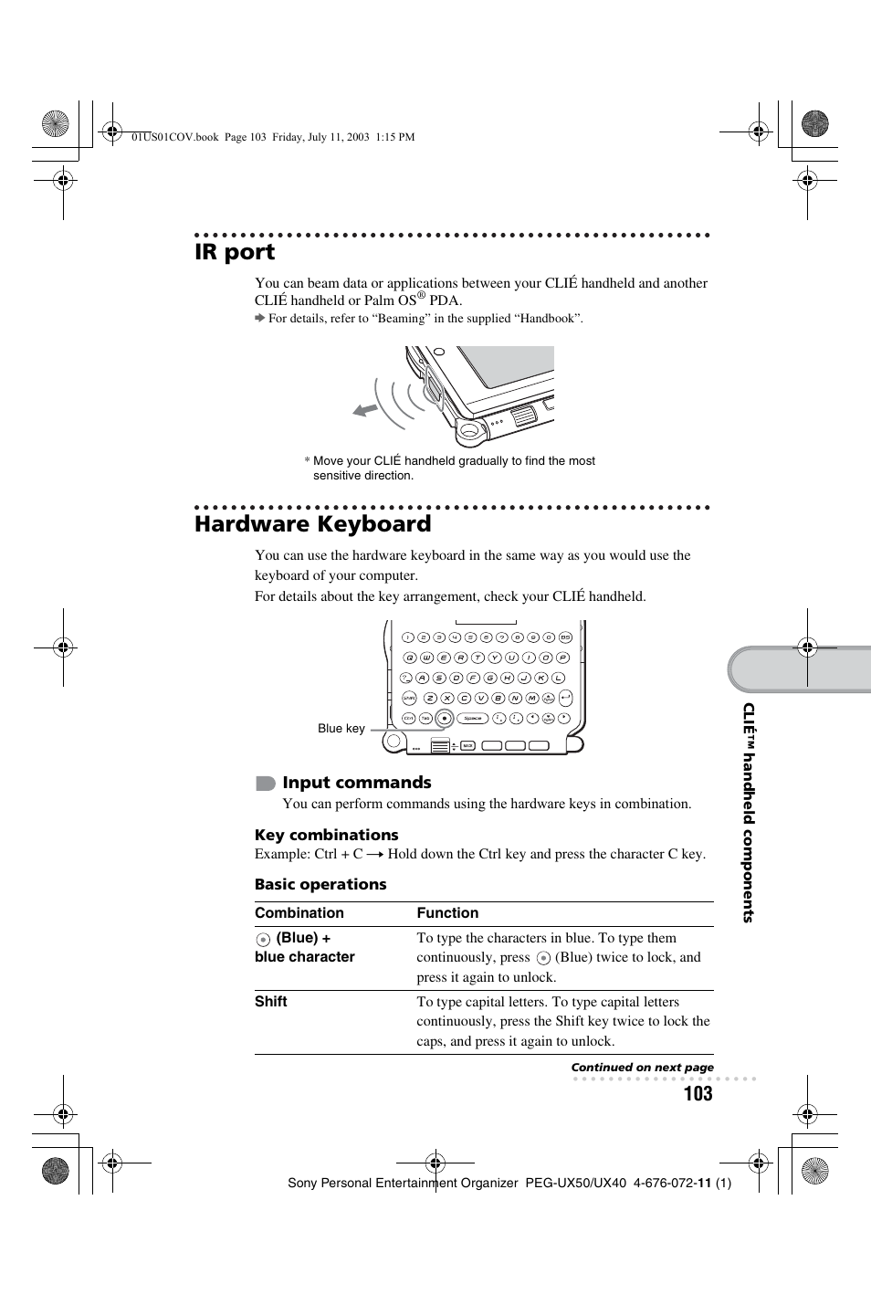 Ir port, Hardware keyboard | Sony PEG-UX40 User Manual | Page 103 / 116