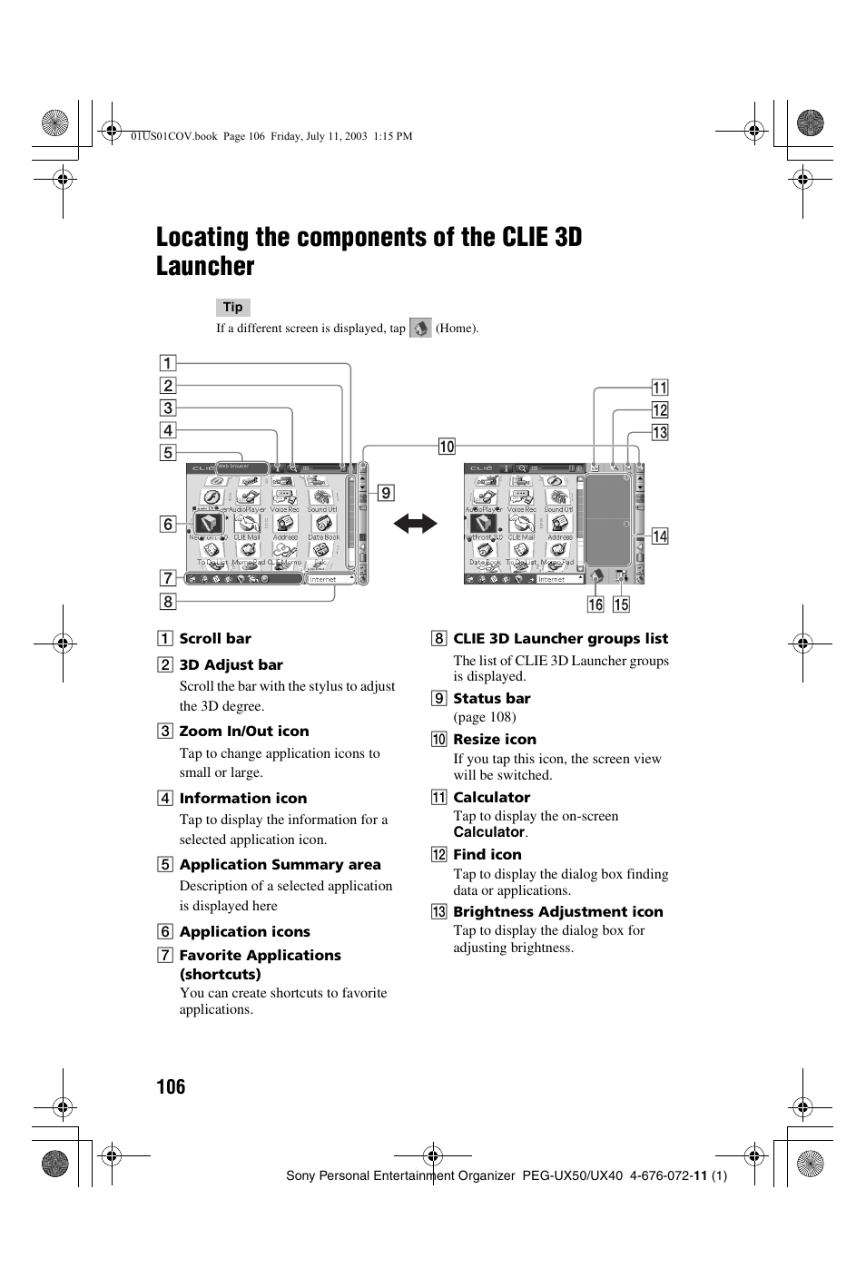 Locating the components of the clie 3d launcher, Locating the components, Of the clie 3d launcher | Sony PEG-UX40 User Manual | Page 106 / 116