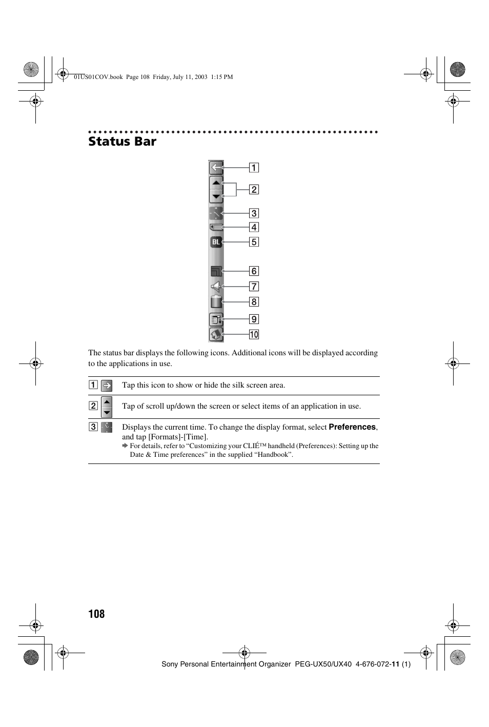 Status bar | Sony PEG-UX40 User Manual | Page 108 / 116