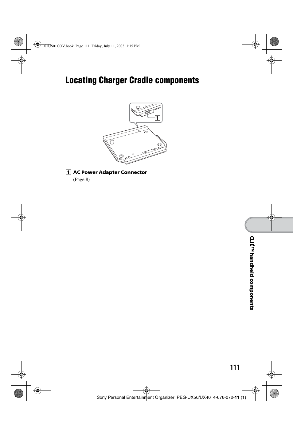 Locating charger cradle components | Sony PEG-UX40 User Manual | Page 111 / 116