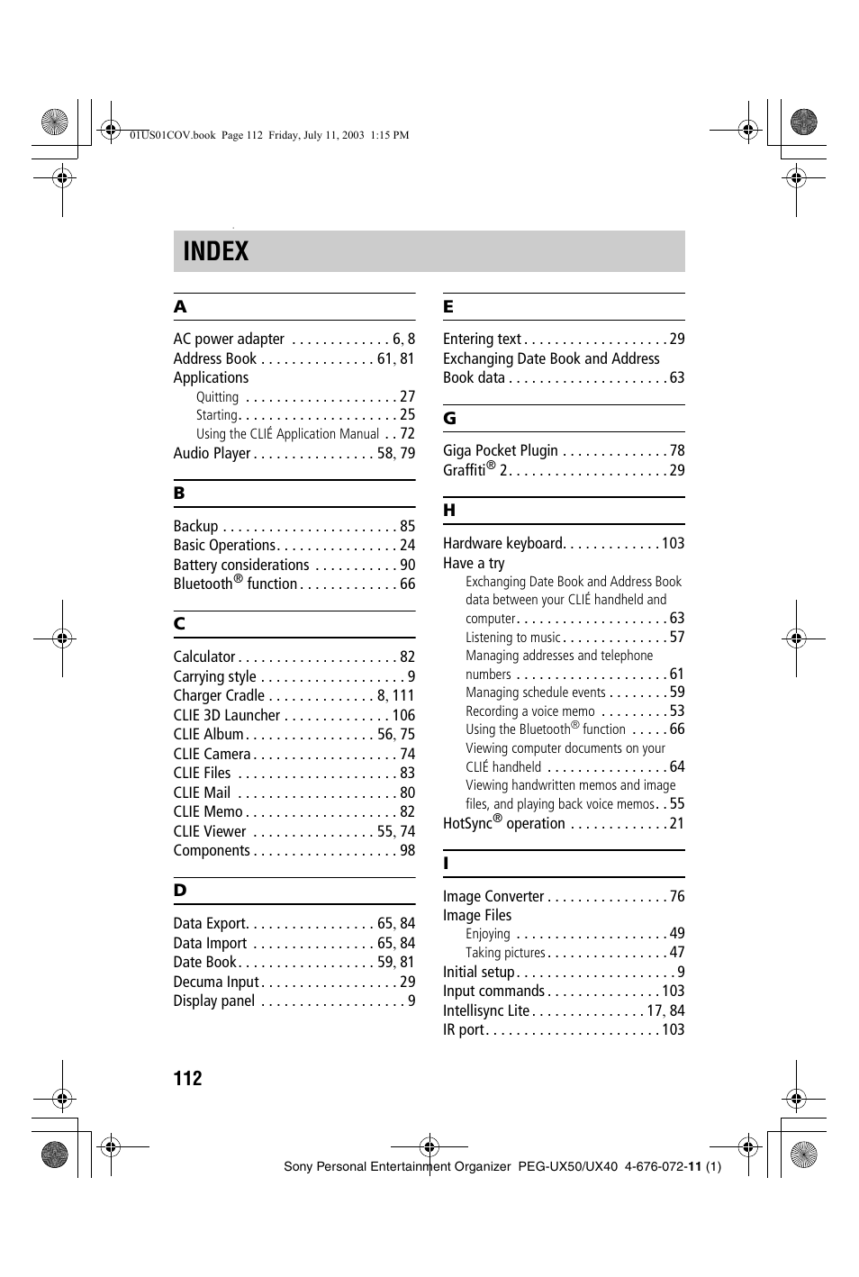 Index | Sony PEG-UX40 User Manual | Page 112 / 116