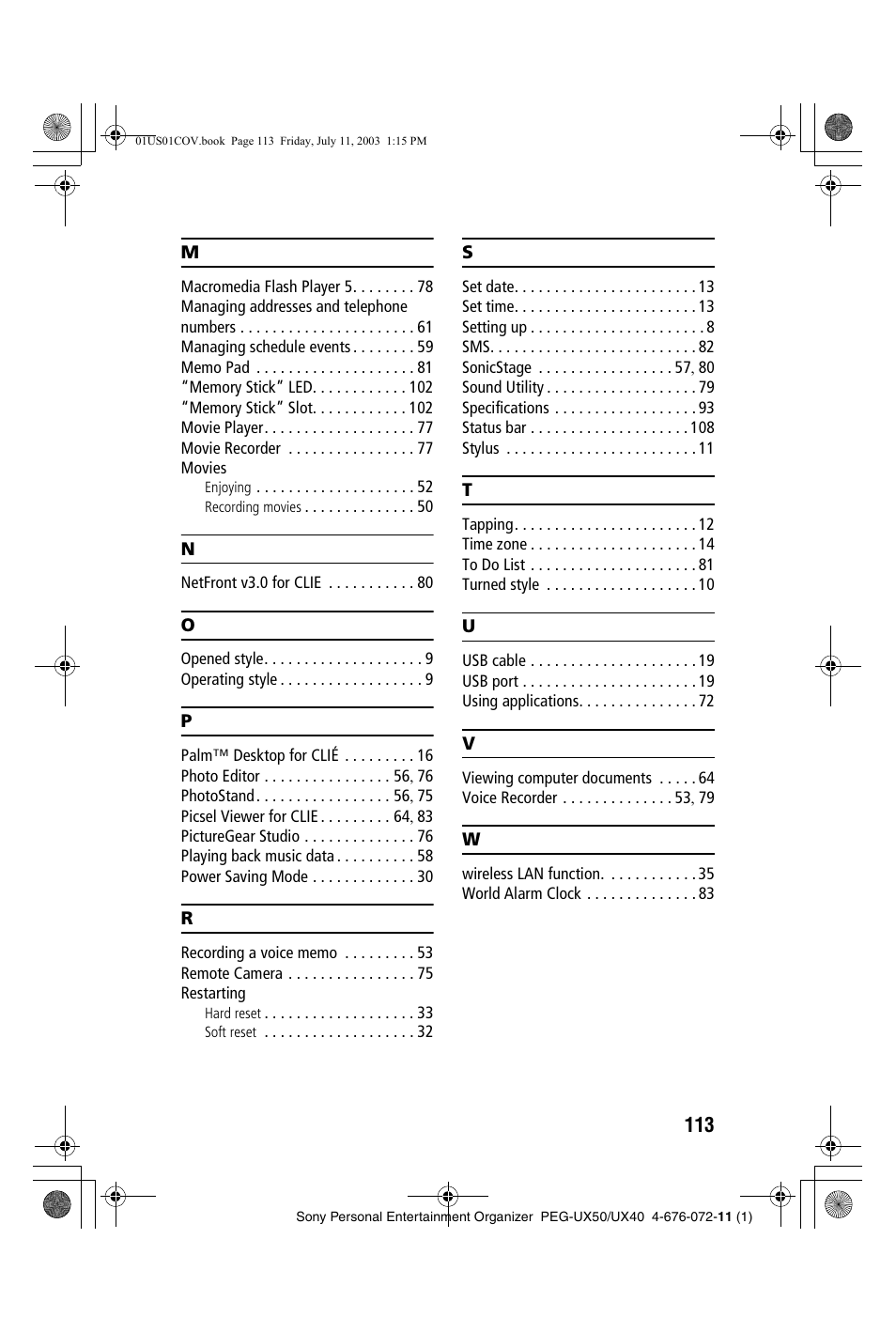 Sony PEG-UX40 User Manual | Page 113 / 116