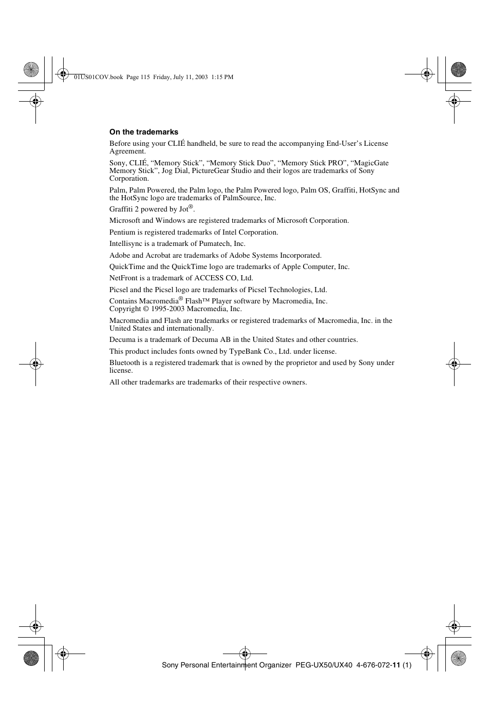 Sony PEG-UX40 User Manual | Page 115 / 116
