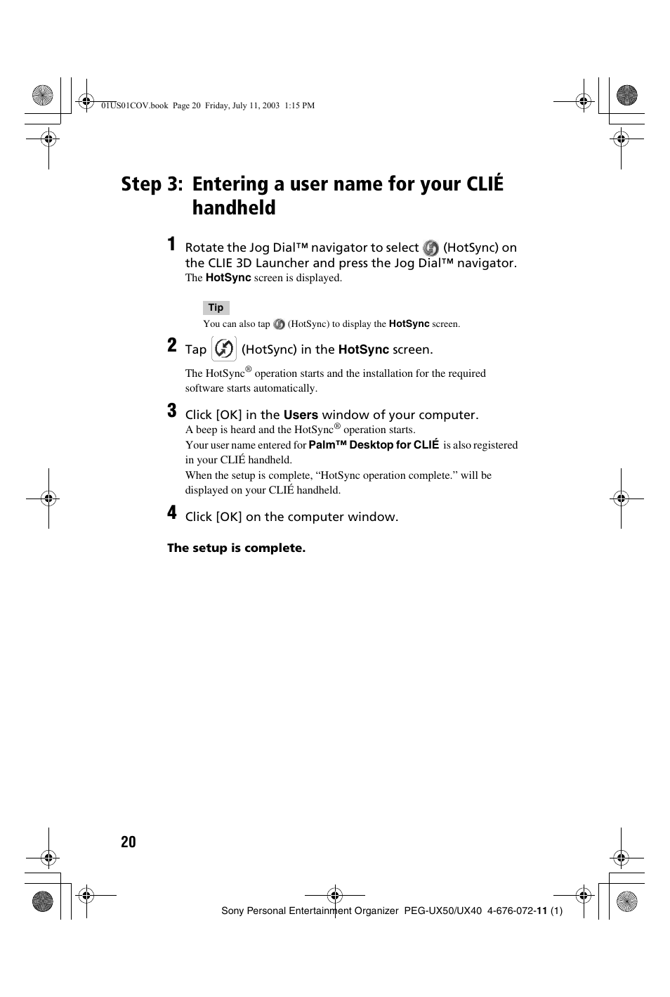 Step 3: entering a user name for your, Clié handheld | Sony PEG-UX40 User Manual | Page 20 / 116
