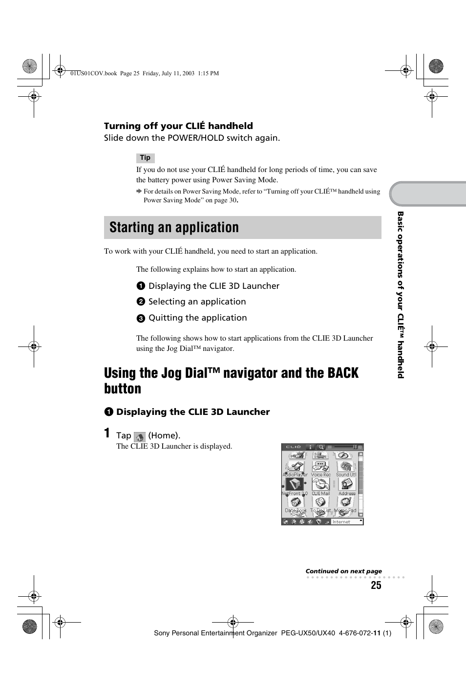 Starting an application, Using the jog dial™ navigator and the back button, Using the jog dial™ navigator and the back | Button | Sony PEG-UX40 User Manual | Page 25 / 116