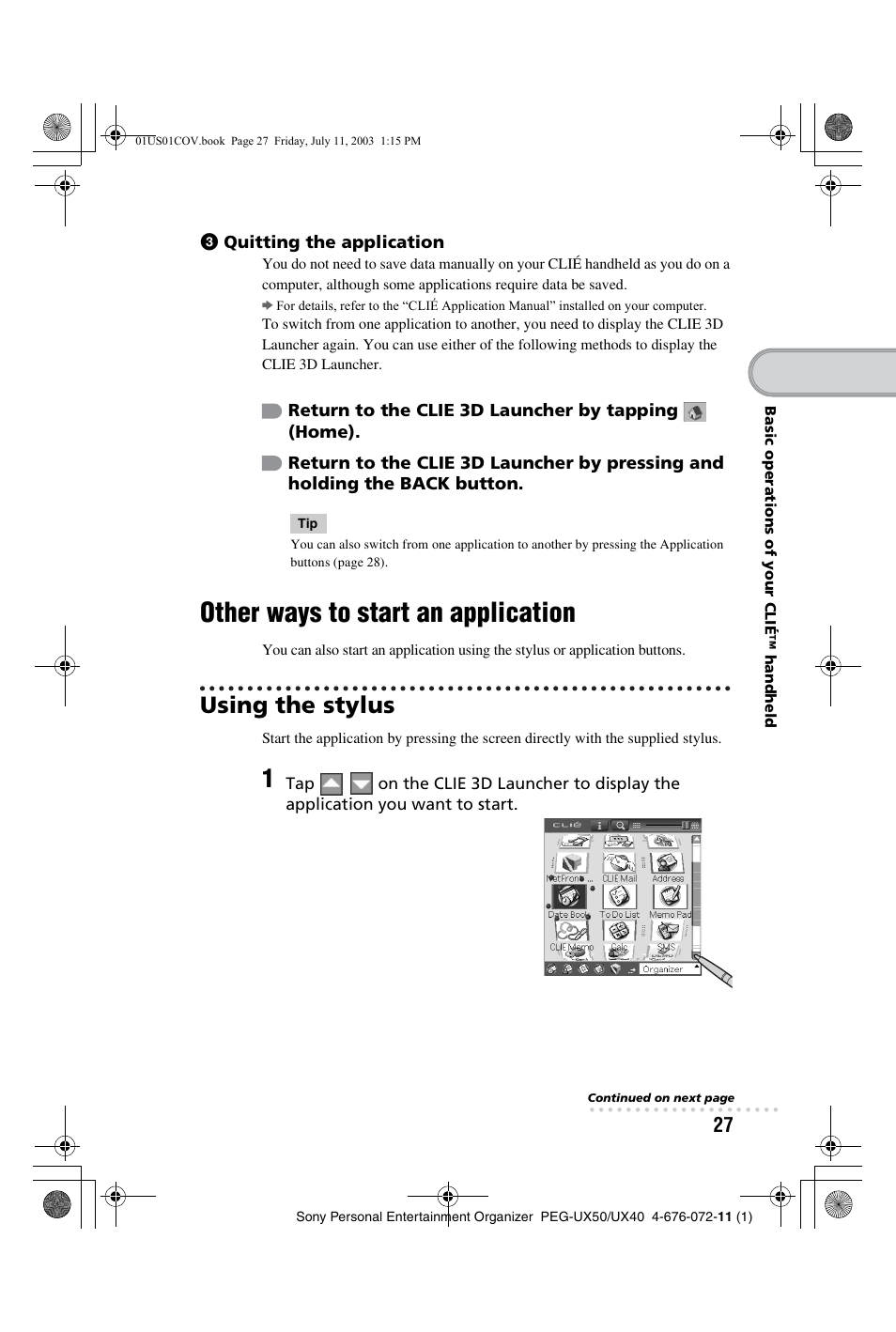 Other ways to start an application, Using the stylus | Sony PEG-UX40 User Manual | Page 27 / 116