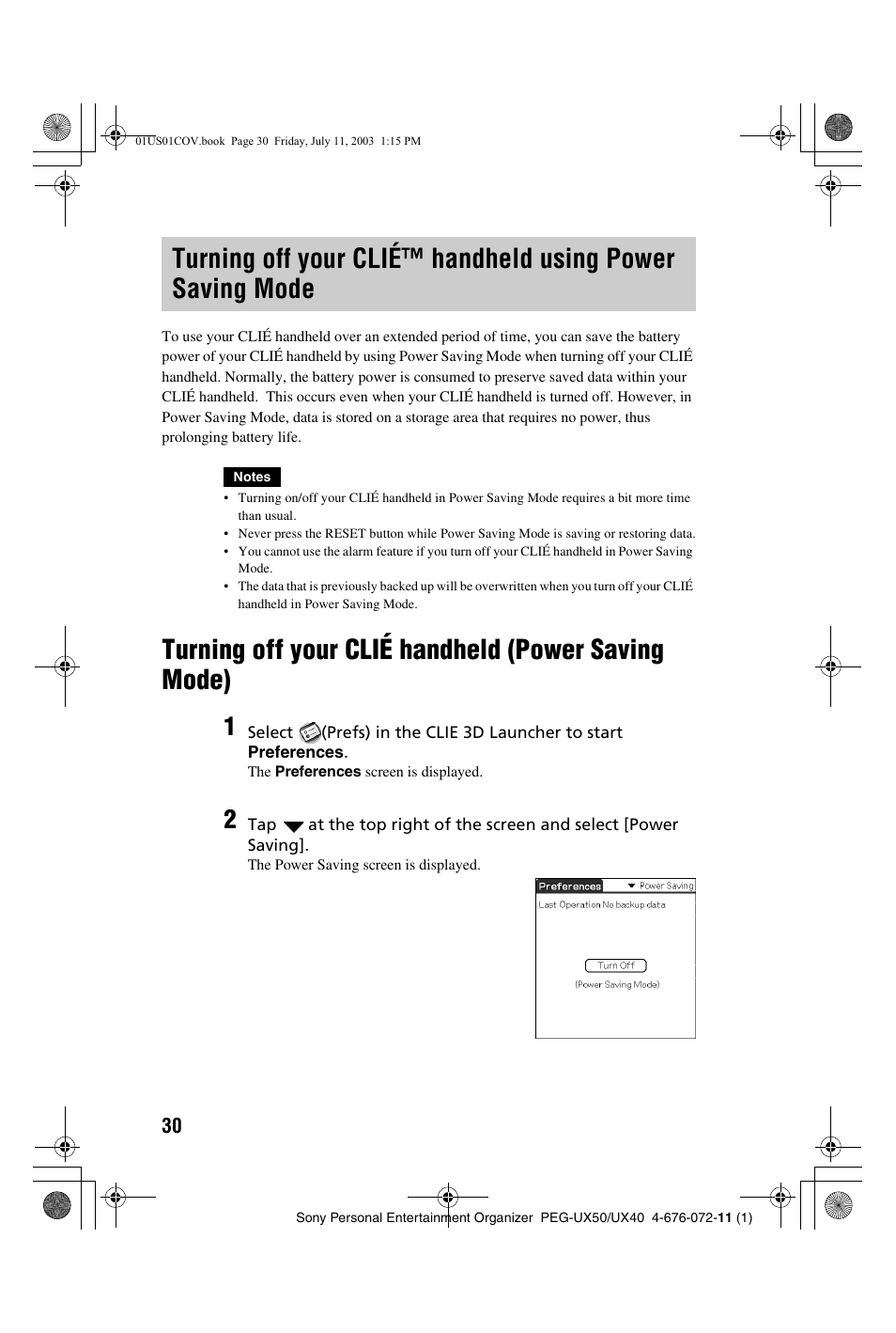 Turning off your clié handheld (power saving mode), Turning off your clié™ handheld, Using power saving mode | Turning off your clié handheld (power, Saving mode) | Sony PEG-UX40 User Manual | Page 30 / 116