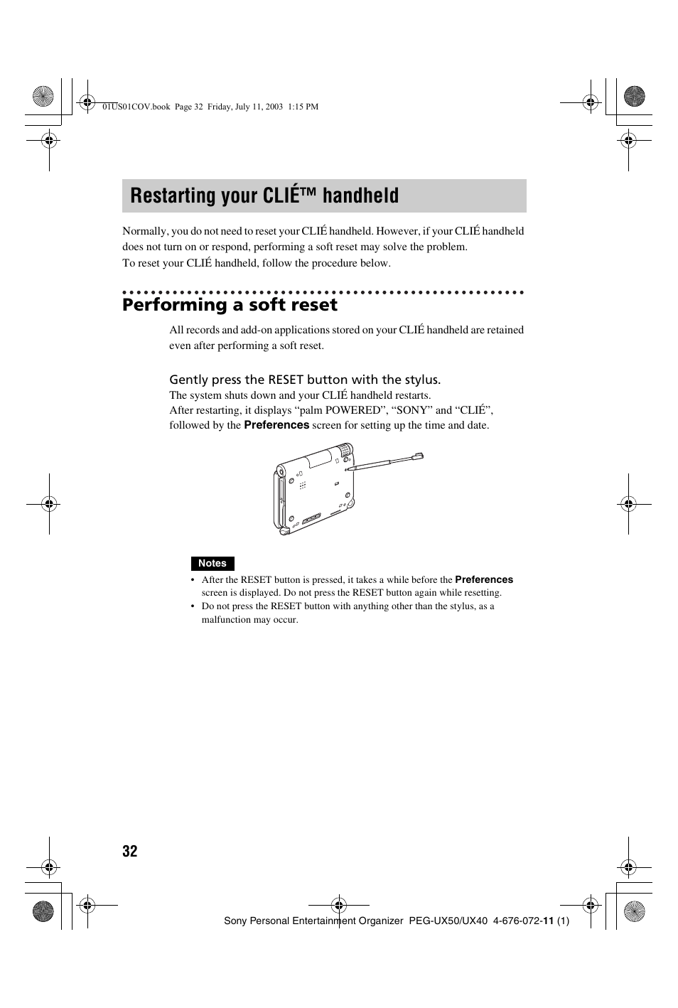 Restarting your clié™ handheld, Performing a soft reset | Sony PEG-UX40 User Manual | Page 32 / 116