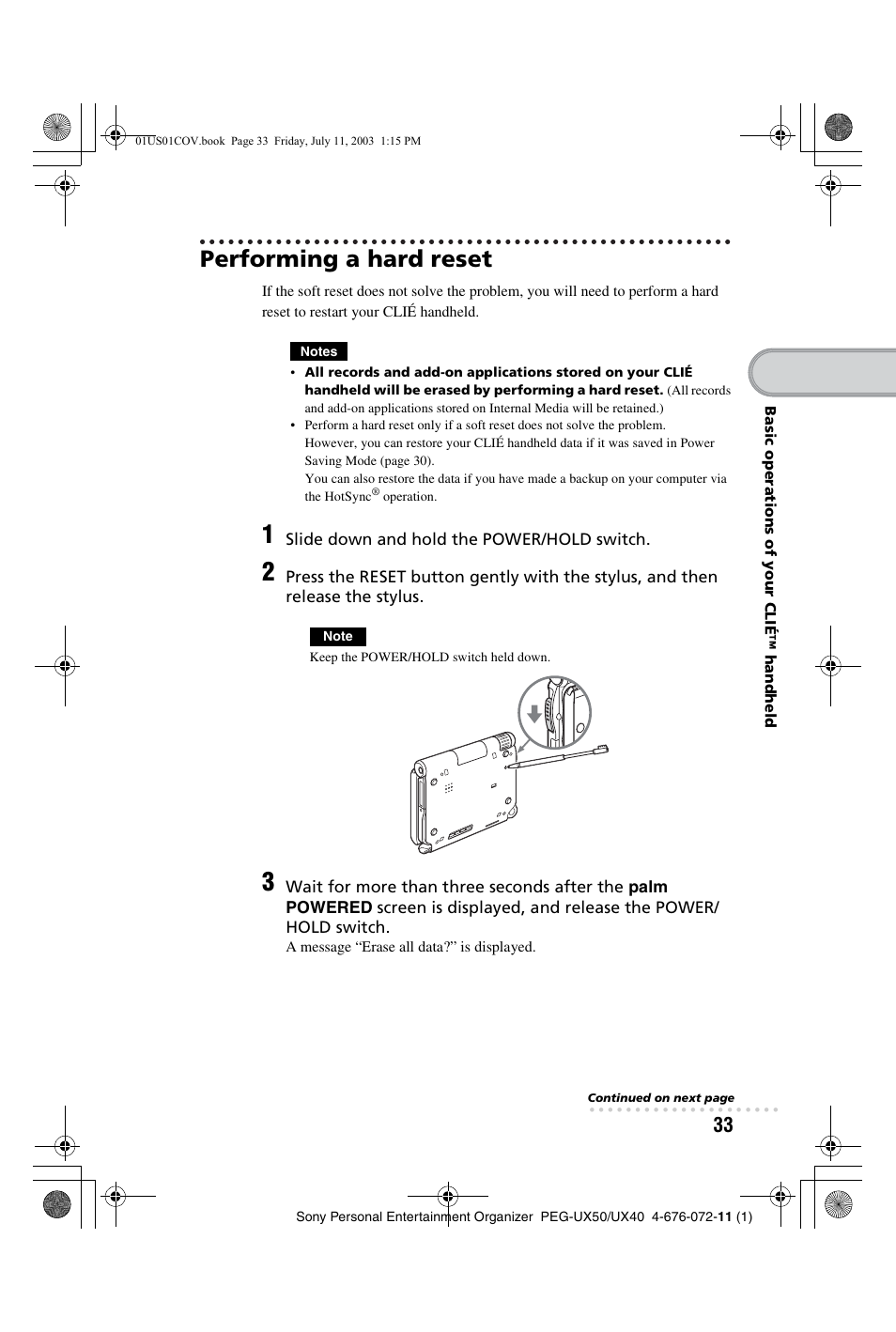 Performing a hard reset | Sony PEG-UX40 User Manual | Page 33 / 116