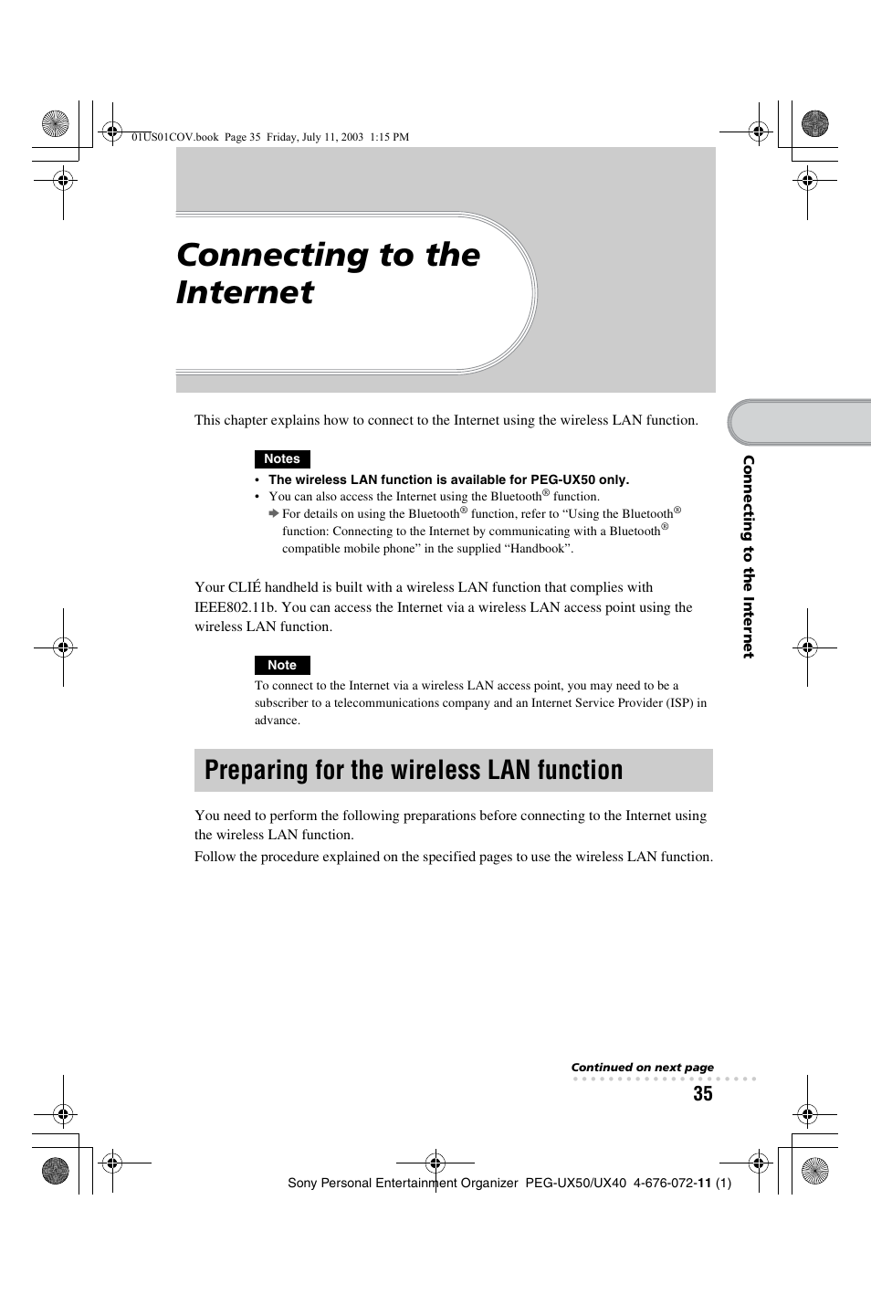 Connecting to the internet, Preparing for the wireless lan function, Preparing for the wireless lan | Function | Sony PEG-UX40 User Manual | Page 35 / 116