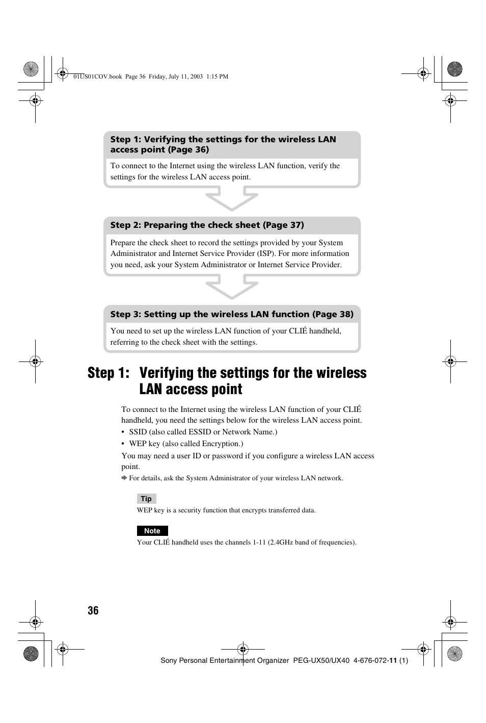 Step 1: verifying the settings for the wireless, Lan access point | Sony PEG-UX40 User Manual | Page 36 / 116