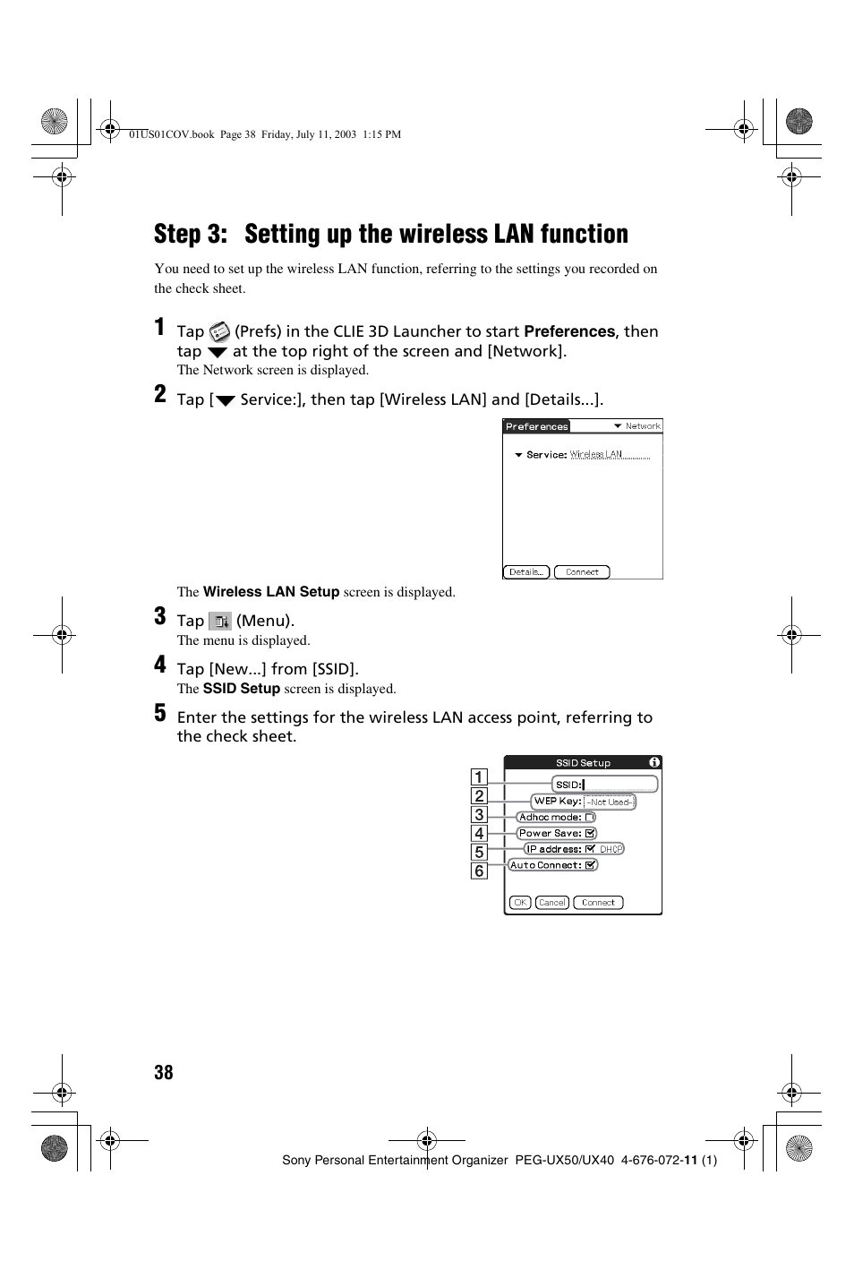 Step 3: setting up the wireless lan function, Step 3: setting up the wireless lan, Function | Sony PEG-UX40 User Manual | Page 38 / 116