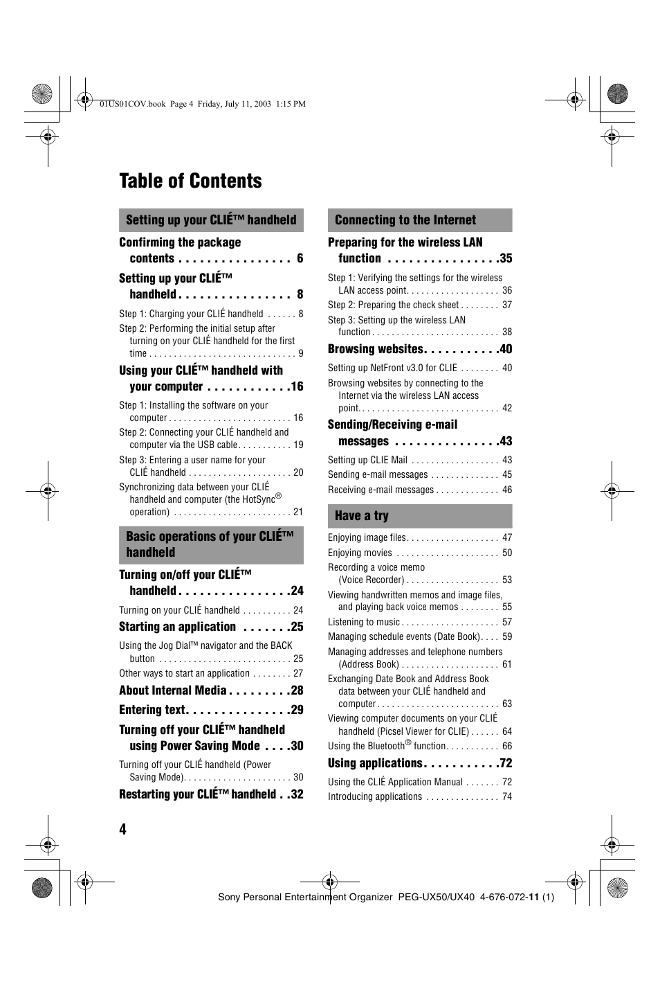 Sony PEG-UX40 User Manual | Page 4 / 116