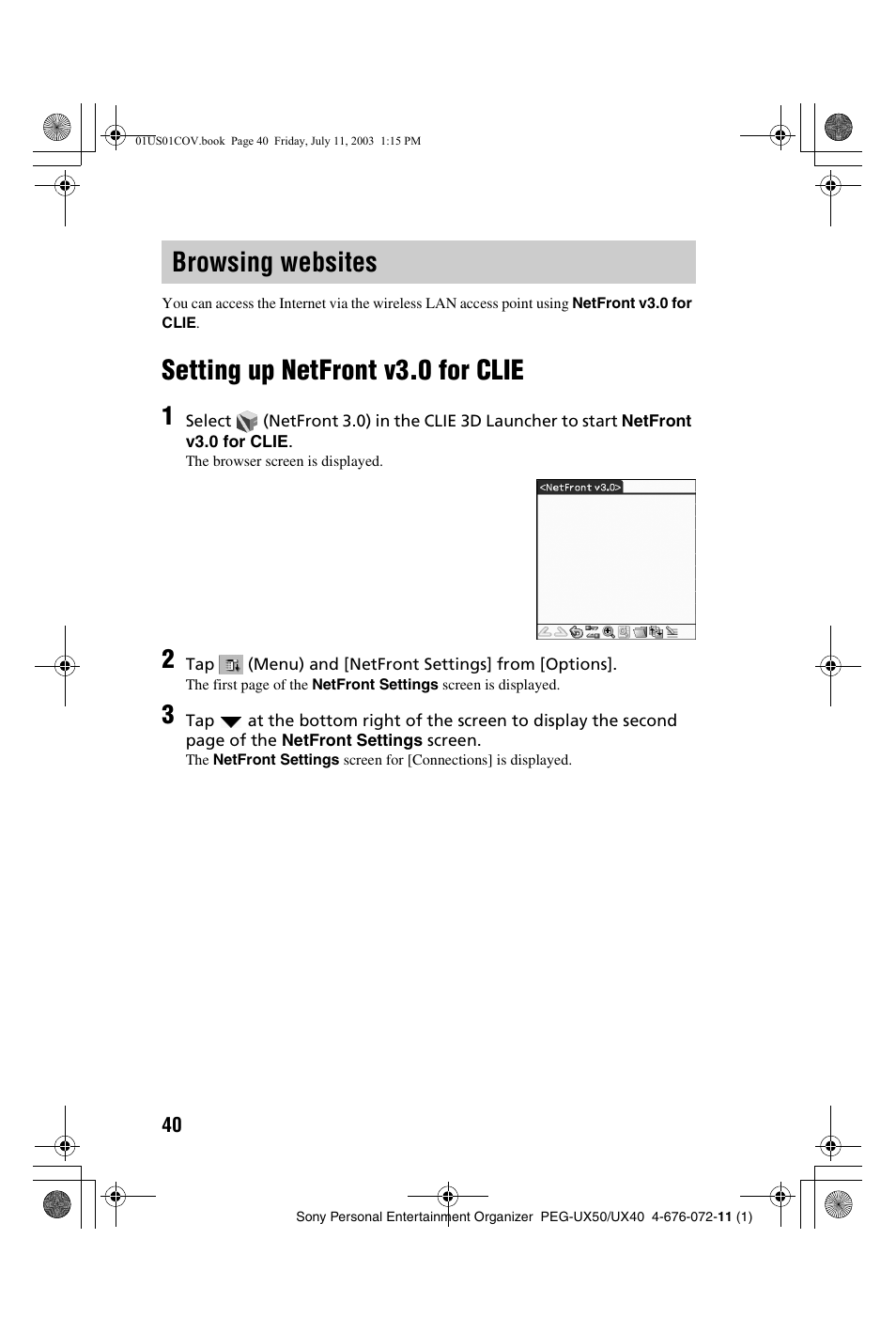 Browsing websites, Setting up netfront v3.0 for clie | Sony PEG-UX40 User Manual | Page 40 / 116