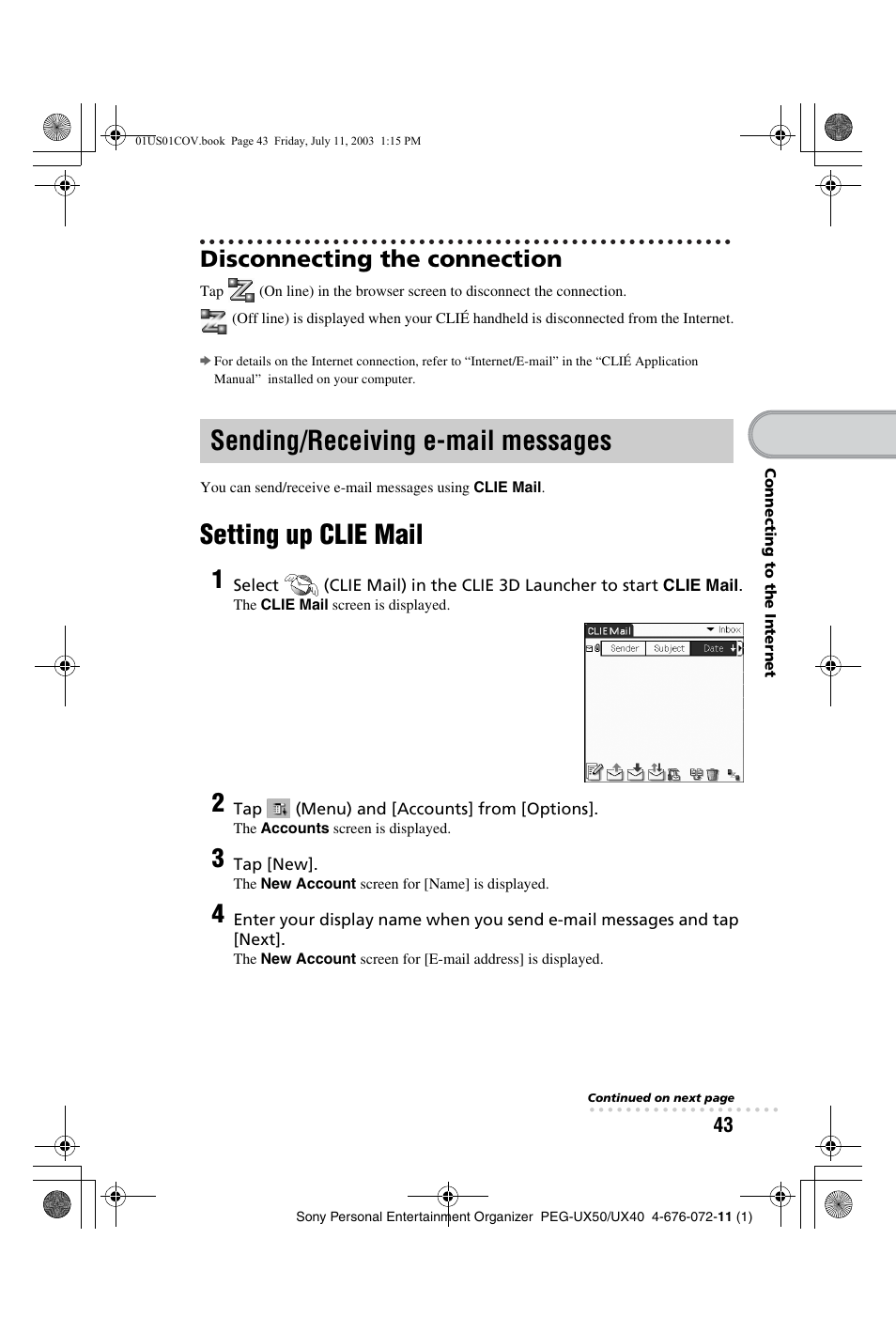 Disconnecting the connection, Sending/receiving e-mail messages, Setting up clie mail | Sending/receiving e-mail, Messages | Sony PEG-UX40 User Manual | Page 43 / 116