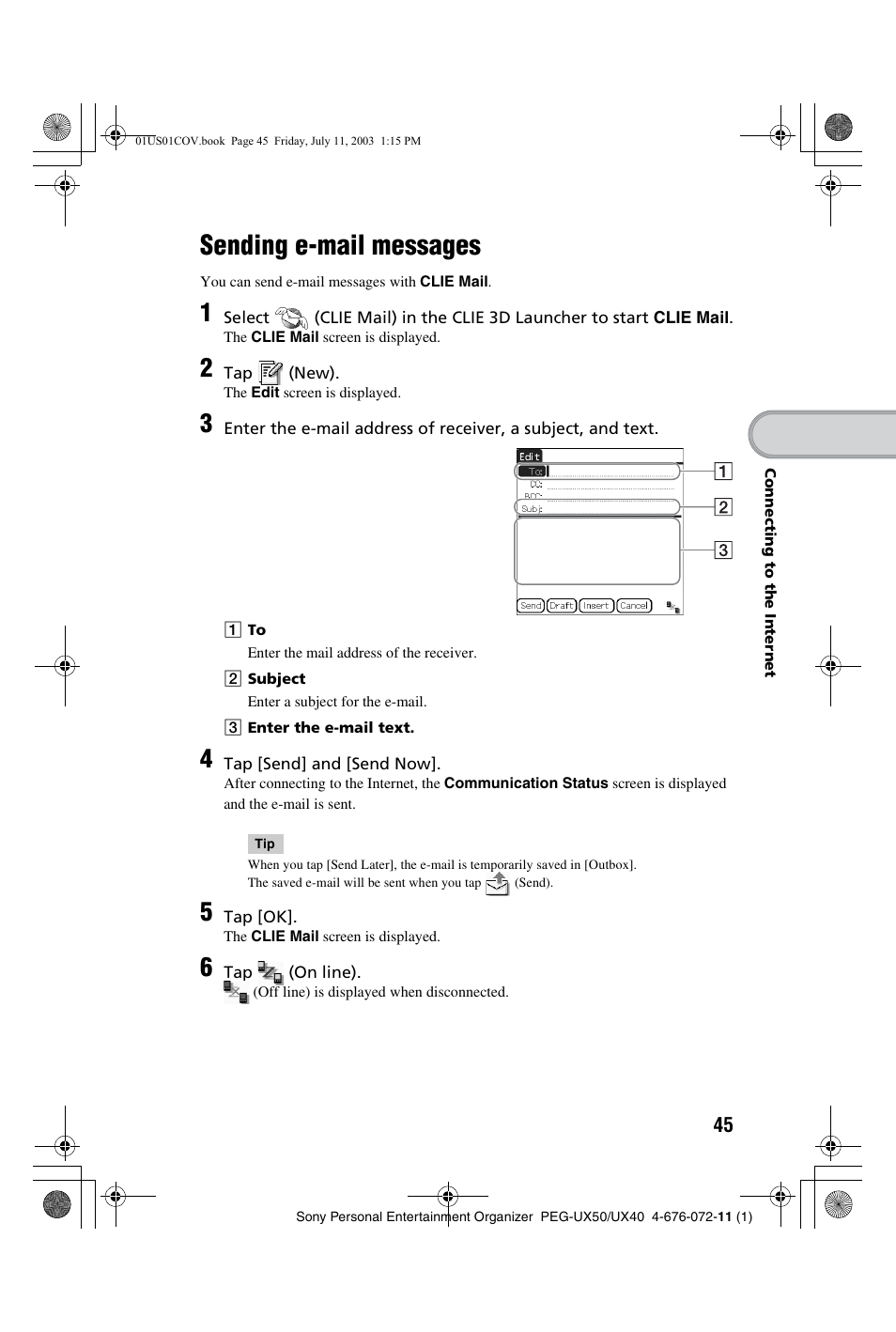 Sending e-mail messages | Sony PEG-UX40 User Manual | Page 45 / 116