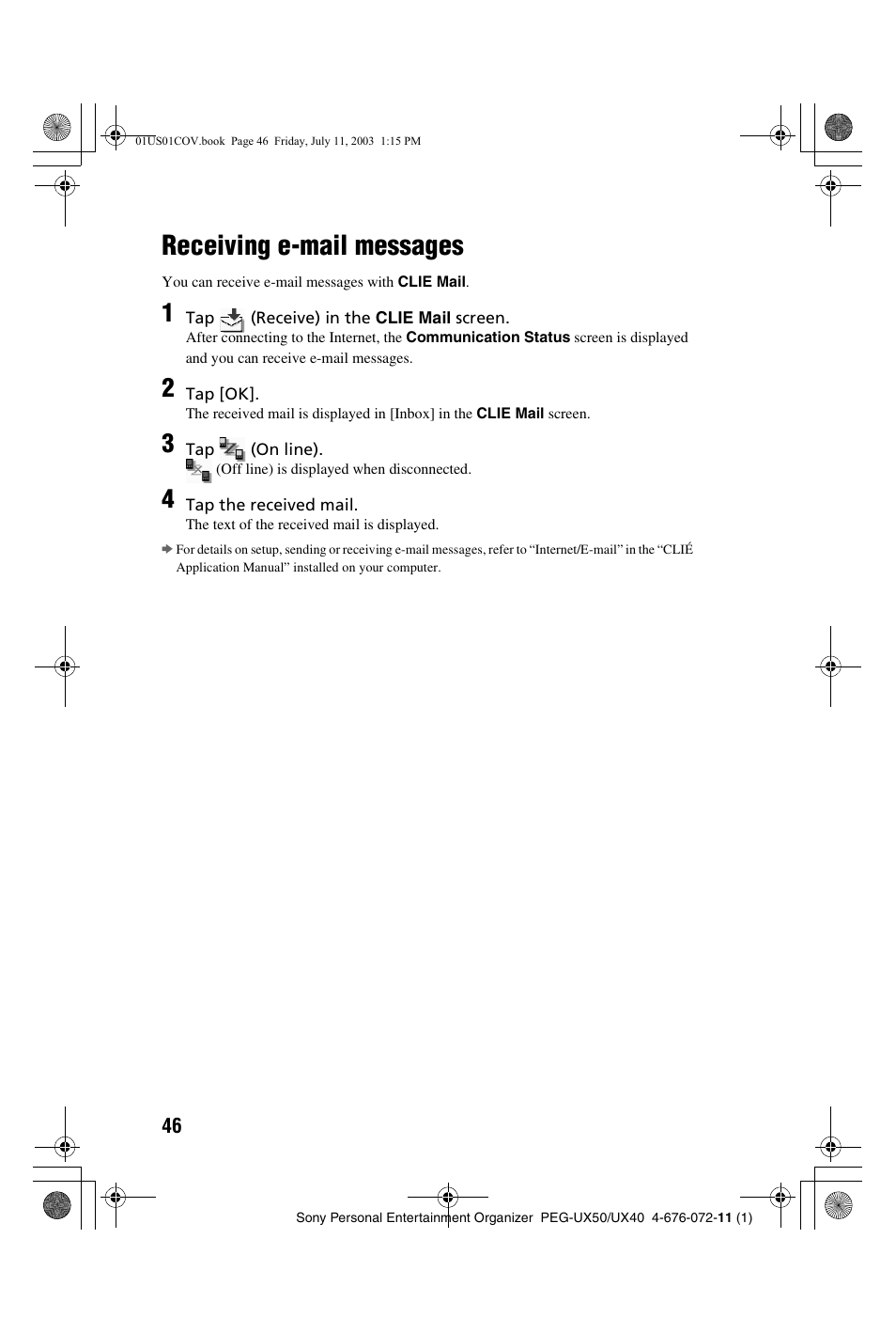 Receiving e-mail messages | Sony PEG-UX40 User Manual | Page 46 / 116