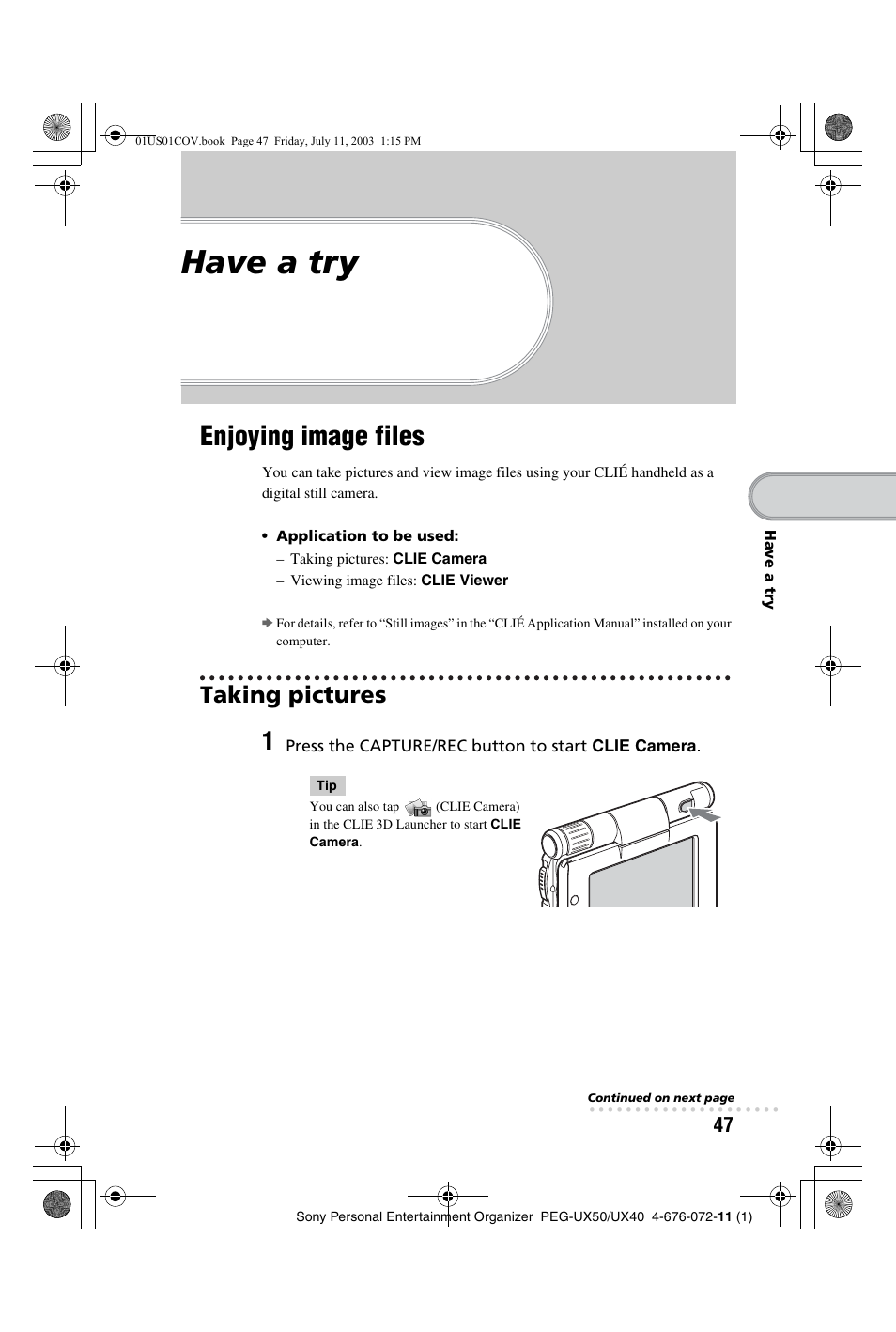 Have a try, Enjoying image files, Taking pictures | Sony PEG-UX40 User Manual | Page 47 / 116