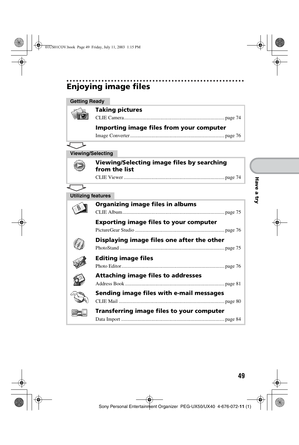 Enjoying image files | Sony PEG-UX40 User Manual | Page 49 / 116