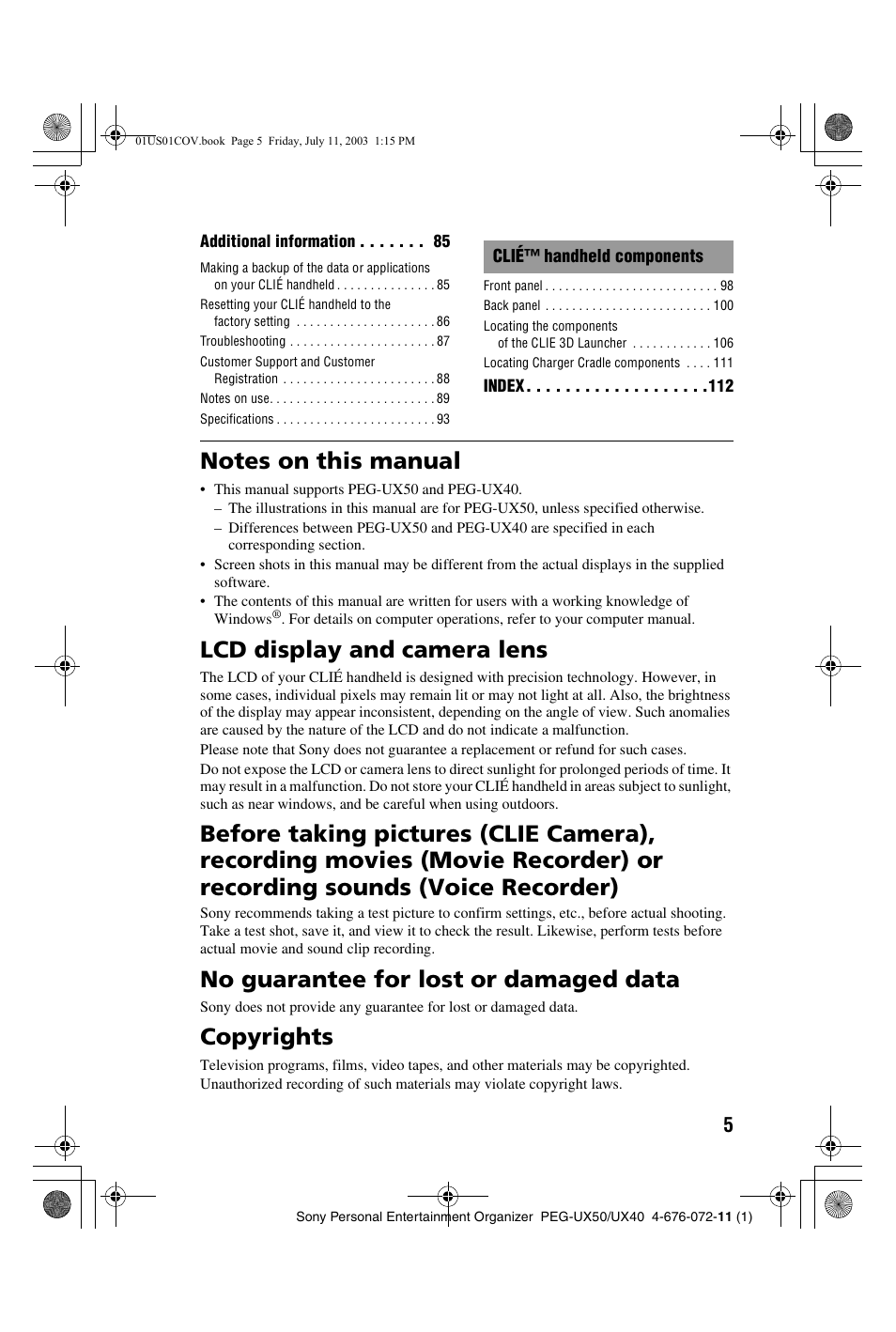 Notes on this manual, Lcd display and camera lens, No guarantee for lost or damaged data | Copyrights | Sony PEG-UX40 User Manual | Page 5 / 116