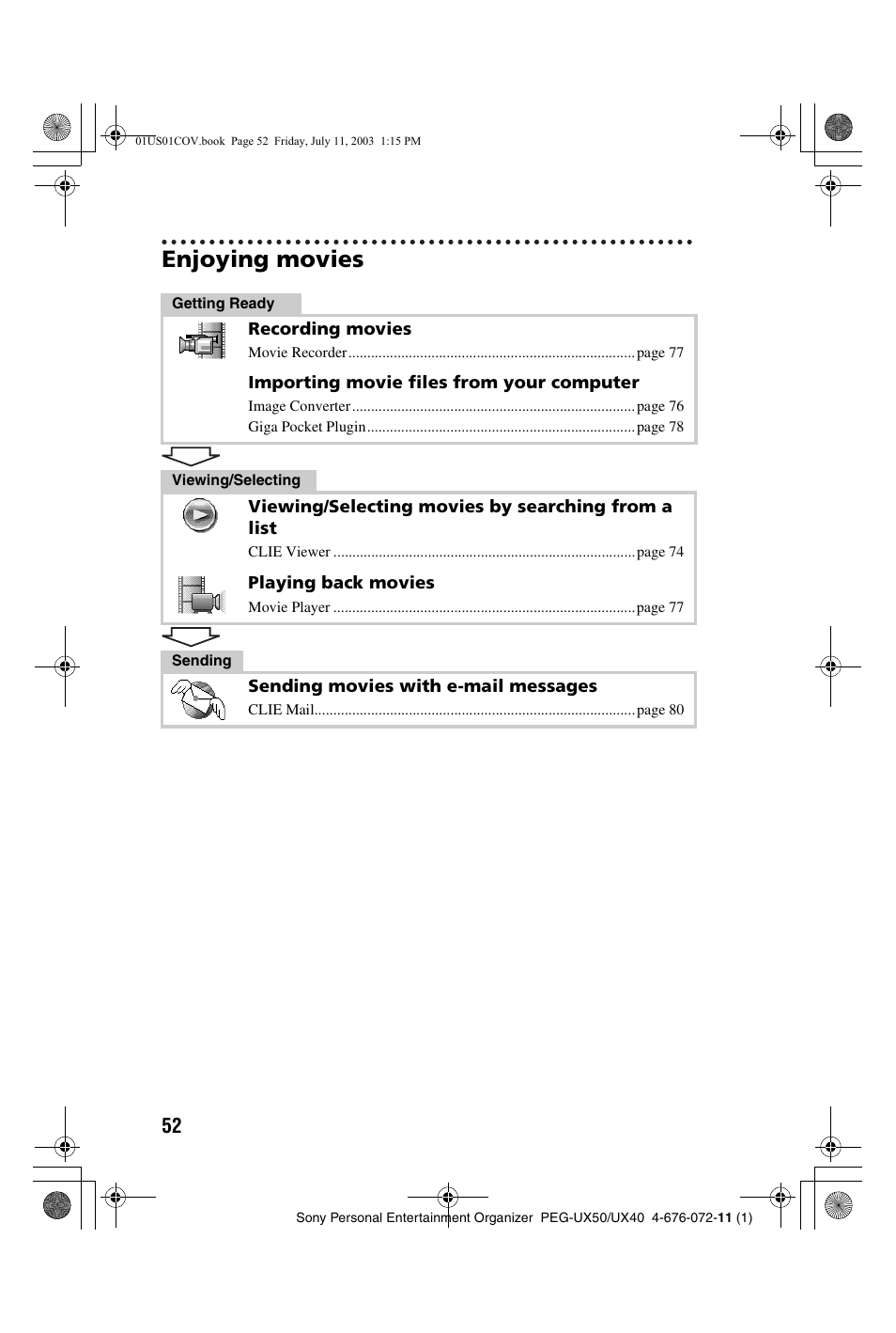 Enjoying movies | Sony PEG-UX40 User Manual | Page 52 / 116