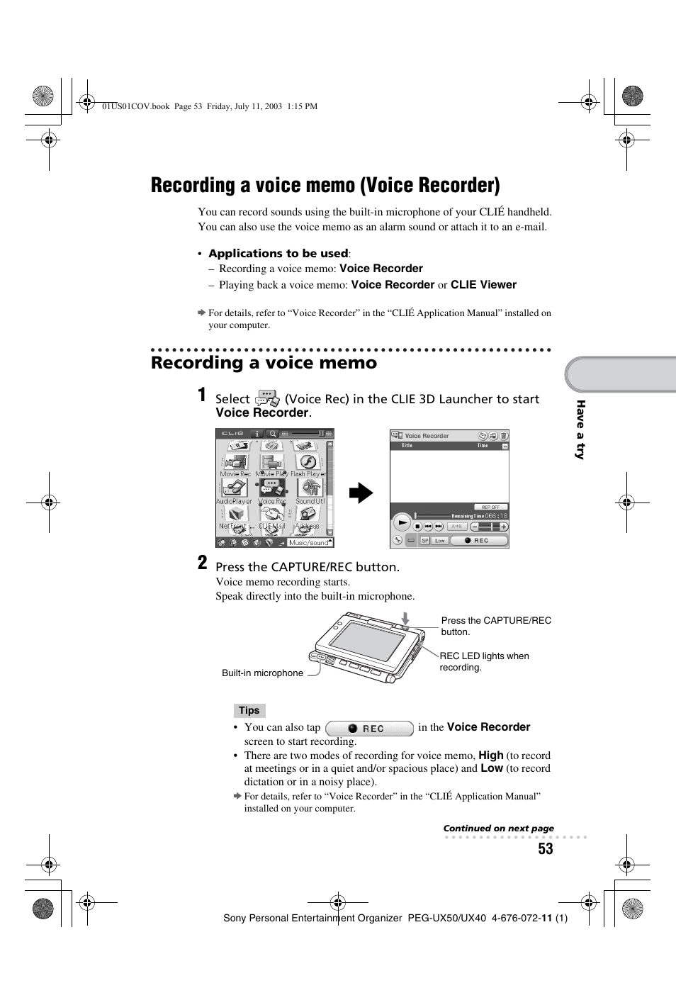 Recording a voice memo (voice recorder), Recording a voice memo, Voice recorder) | Sony PEG-UX40 User Manual | Page 53 / 116