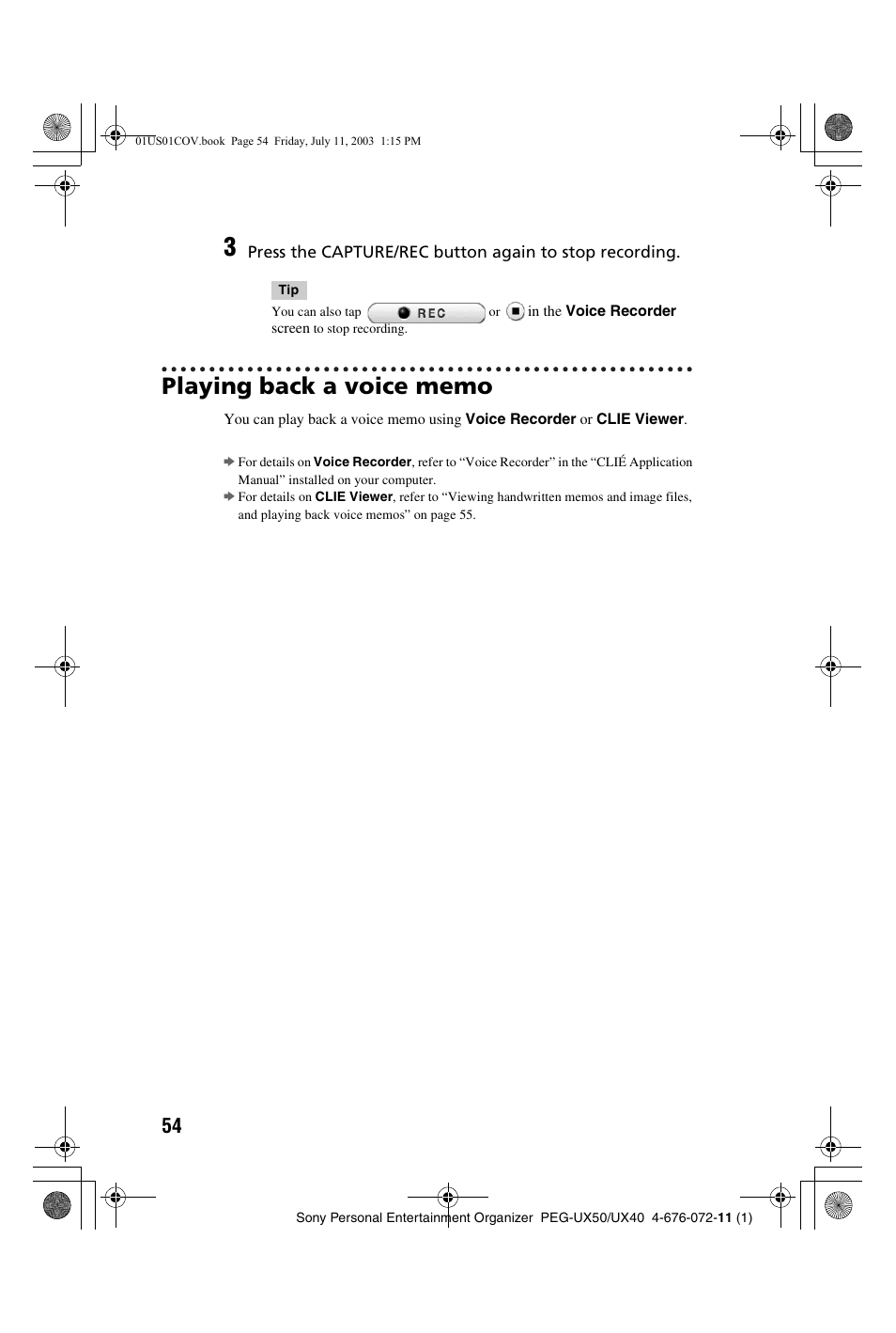 Playing back a voice memo | Sony PEG-UX40 User Manual | Page 54 / 116